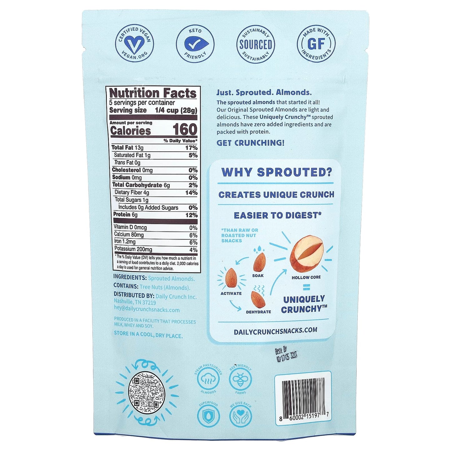 Crunchy Sprouted Almonds, Vegan, Keto, 5 oz (141g) - Daily Crunch - Image 2