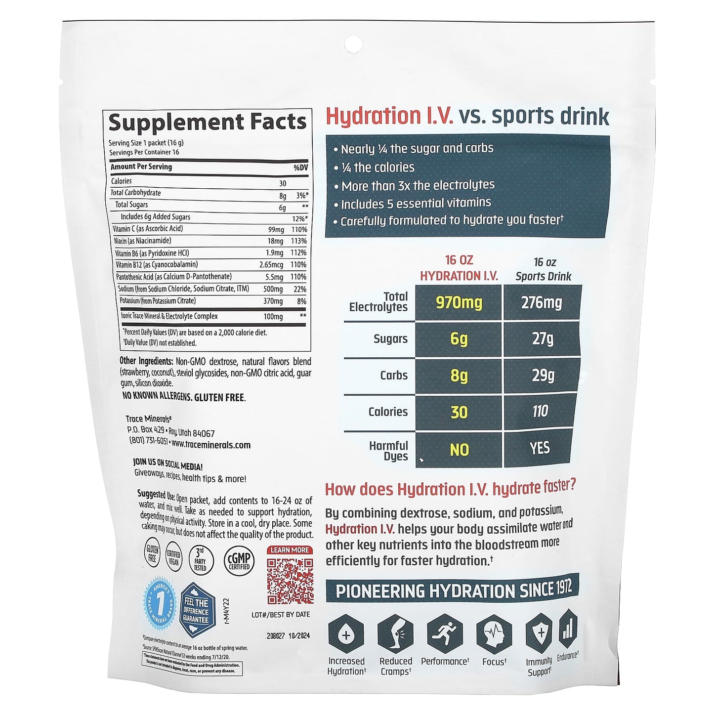 Trace, TM Sport, Hydration I.V., Electrolyte Drink Paks, Strawberry Coconut, 16 Packets, 0.56 oz (16 g) Each - Image 2