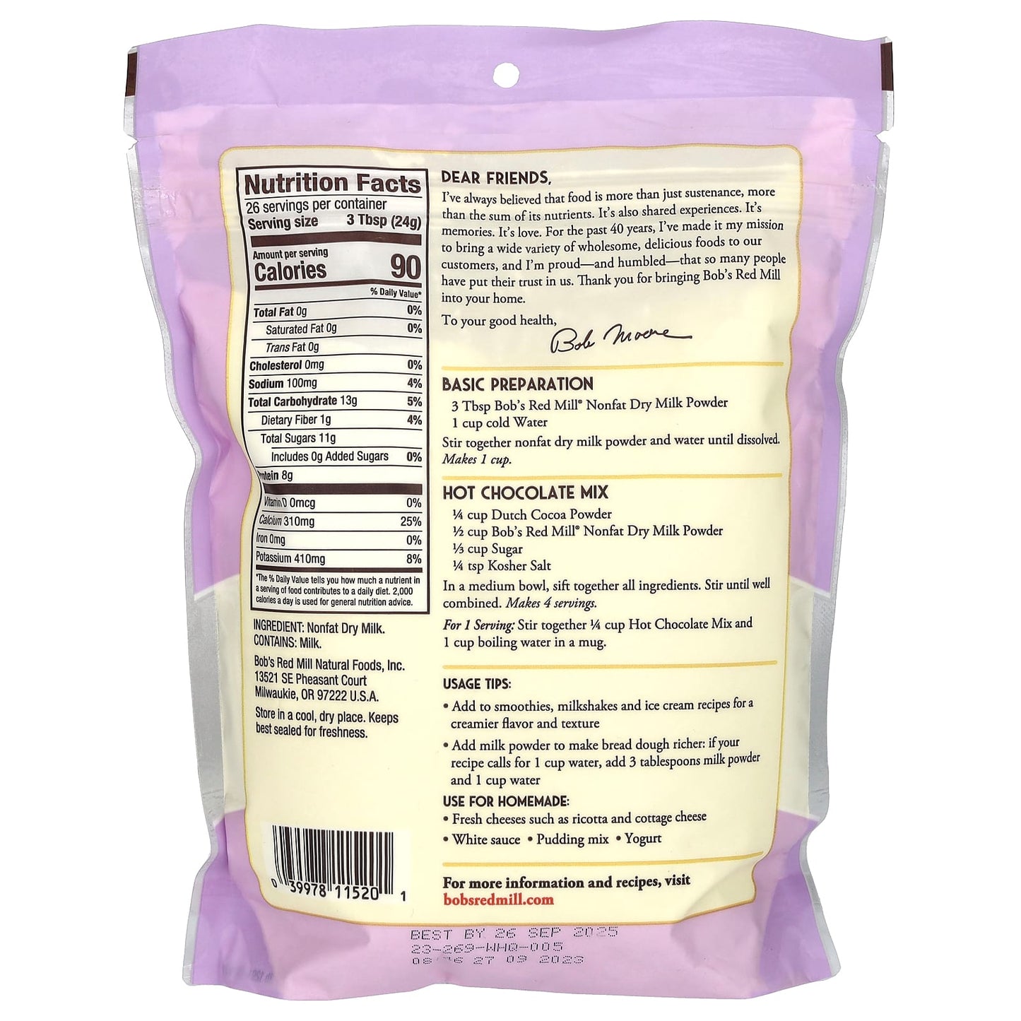 Bob's Red Mill Nonfat Dry Milk Powder, 22 oz (624g) - Perfect for Baking & Smoothies - Image 2