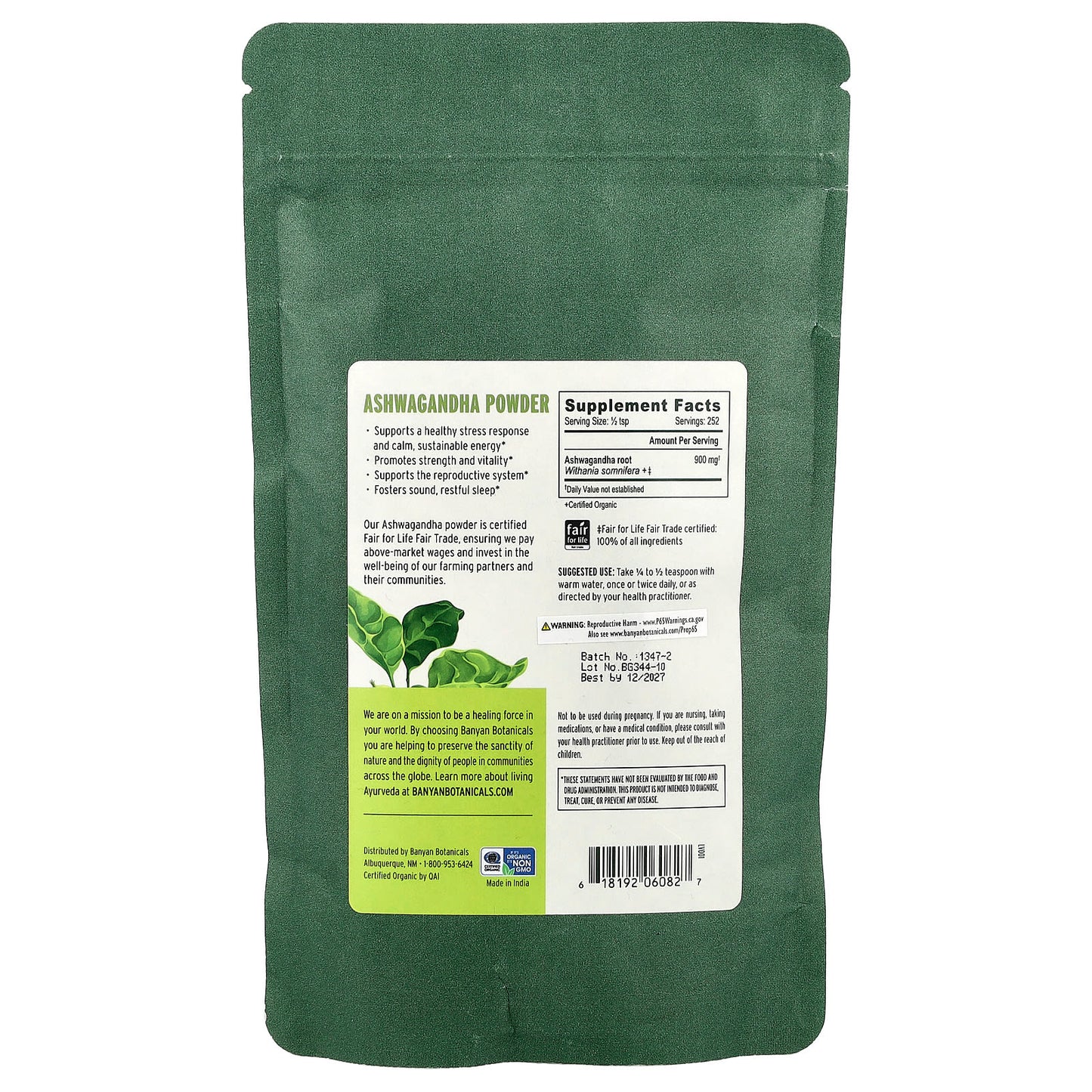 Banyan Botanicals, Ashwagandha Powder, 1/2 lb (227 g)