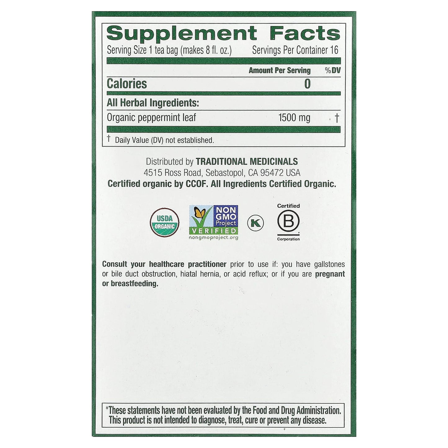 Traditional Medicinals, Organic Peppermint, Caffeine Free, 16 Wrapped Tea Bags, 0.85 oz (24 g) - Image 2