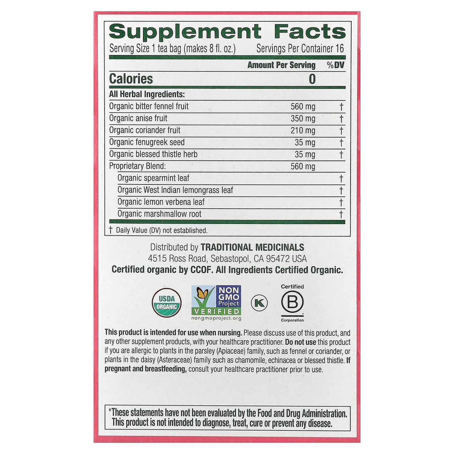 Traditional Medicinals, Organic Mother's Milk®, Original with Fennel & Fenugreek, Caffeine Free, 16 Wrapped Tea Bags, 0.99 oz (28 g) - Image 2