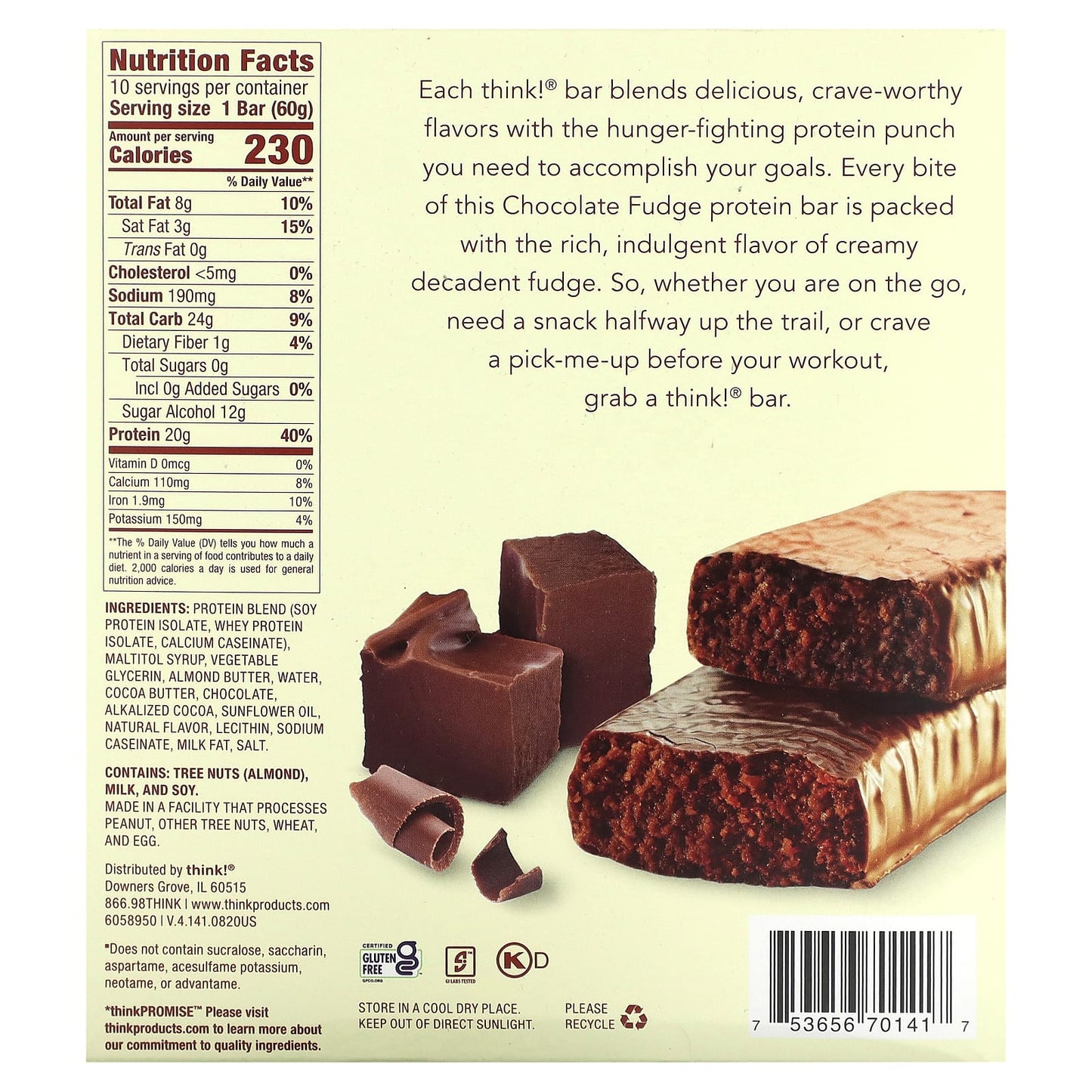 Think !, High Protein Bars, Chocolate Fudge, 10 Bars, 2.1 oz (60 g) Each - Image 2