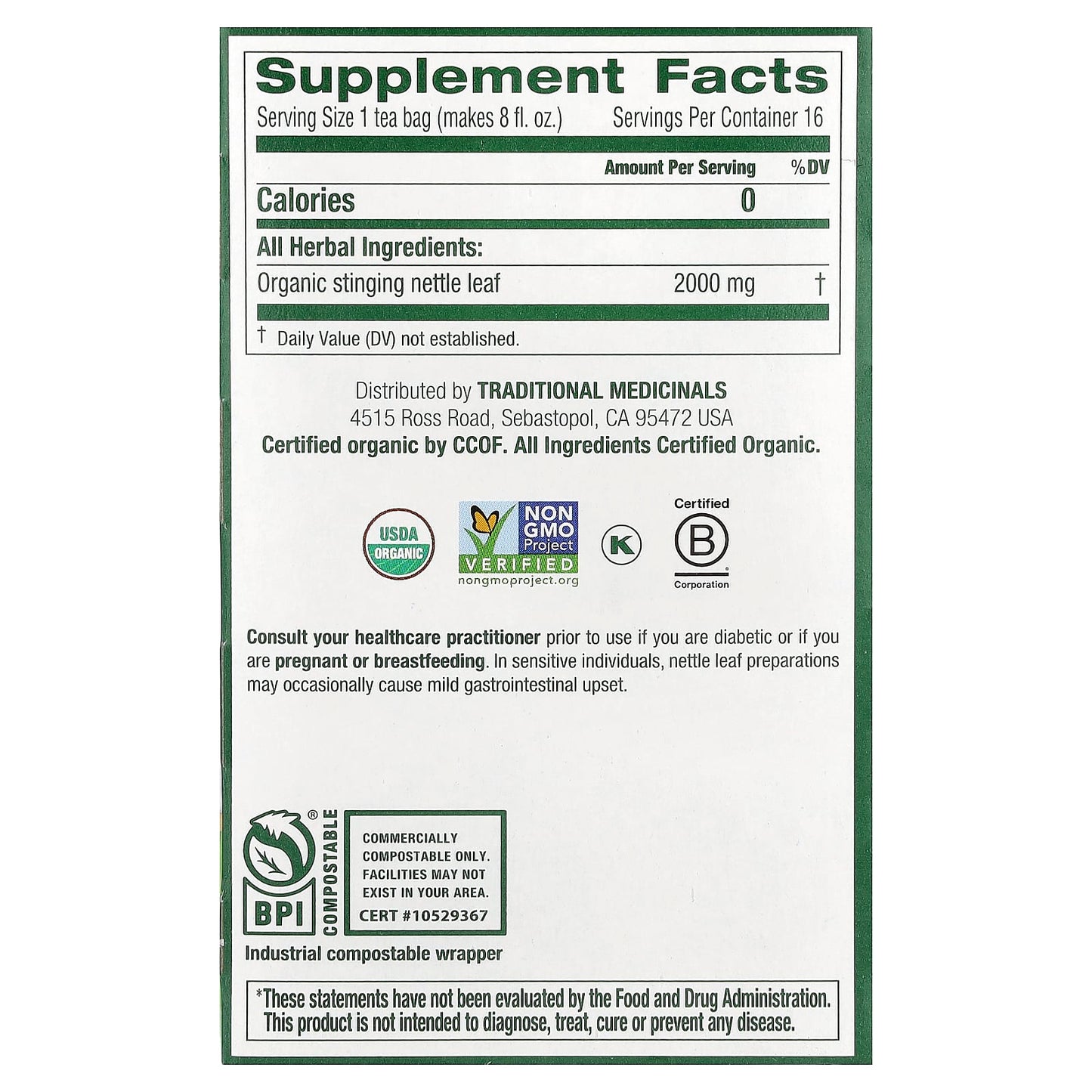 Traditional Medicinals, Organic Nettle Leaf, Caffeine Free, 16 Wrapped Tea Bags, 1.13 oz (32 g) - Image 2