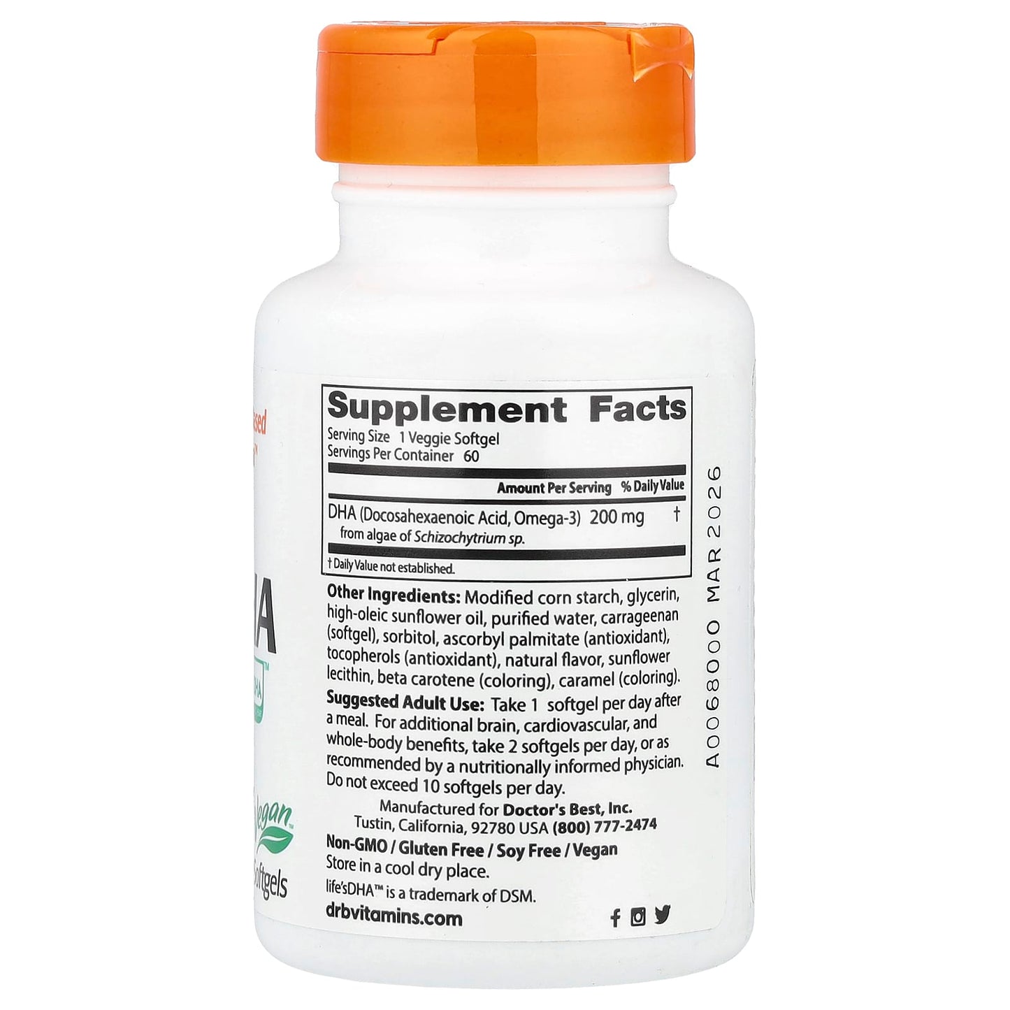 Doctor's Best, Vegan DHA from Algae with Life's DHA™ , 200 mg, 60 Veggie Softgels
