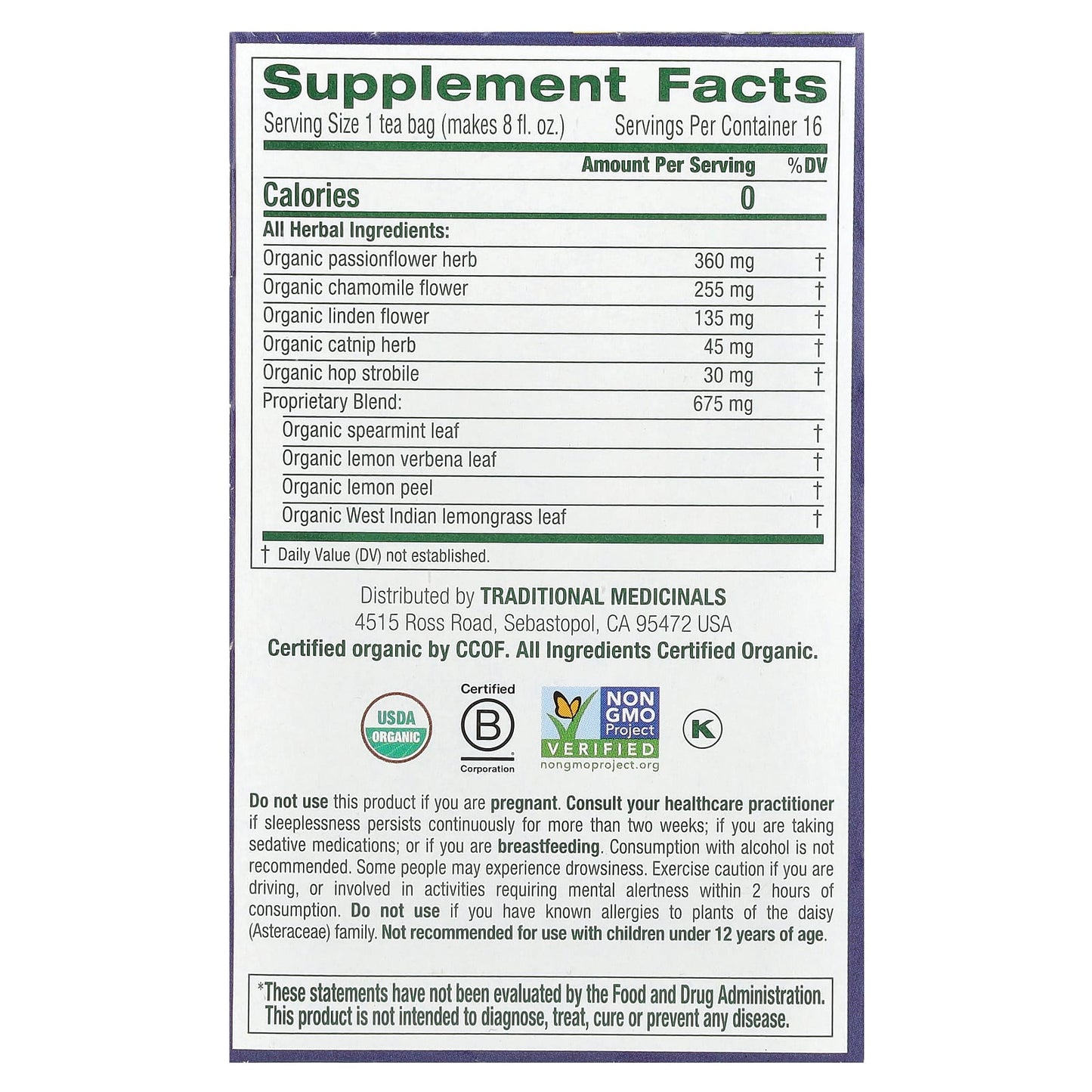 Traditional Medicinals, Organic Nighty Night, Chamomile & Passionflower, Caffeine Free, 16 Wrapped Tea Bags, 0.85 oz (24 g) - Image 2