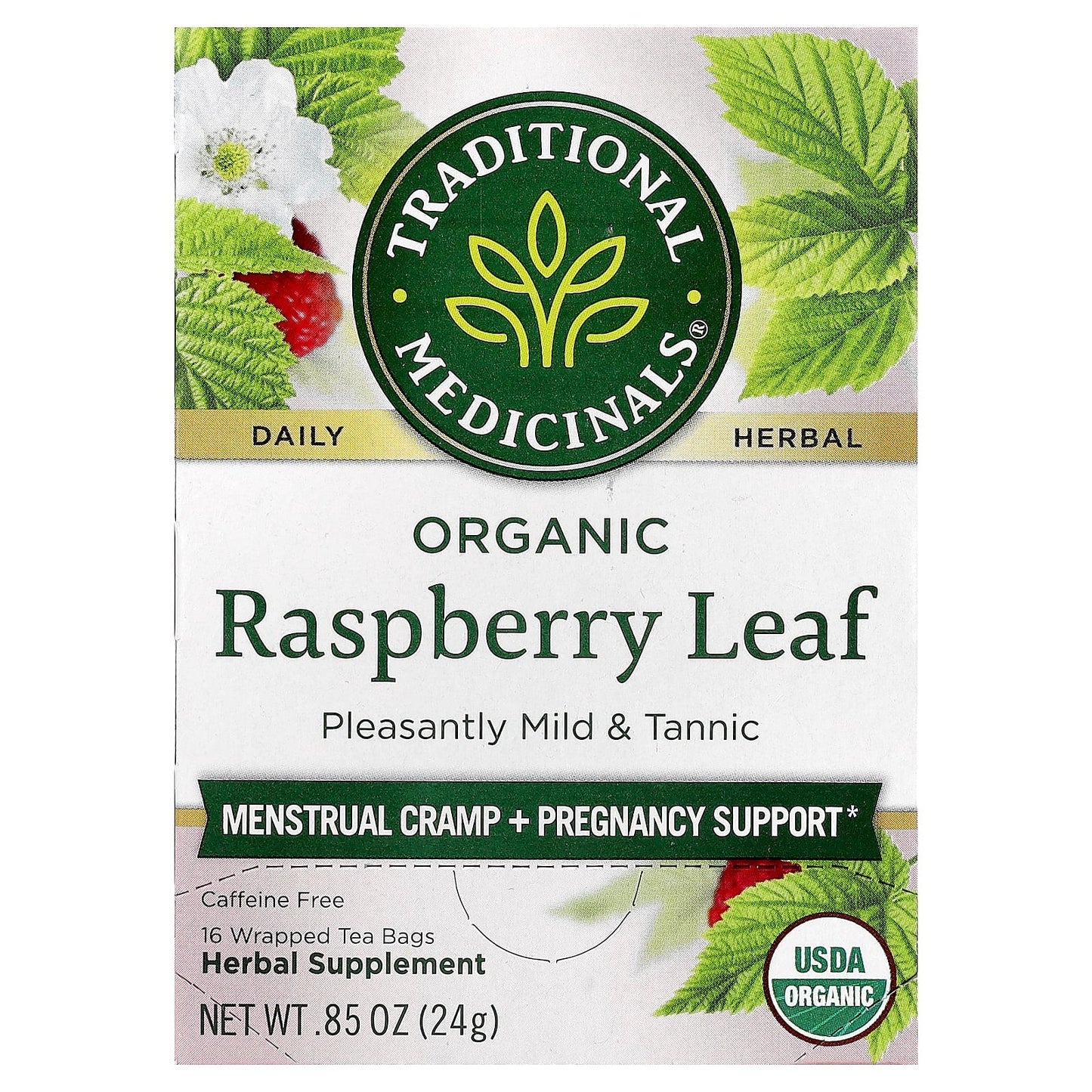Traditional Medicinals, Organic Raspberry Leaf, Caffeine Free, 16 Wrapped Tea Bags, 0.85 oz (24 g) - Image 1