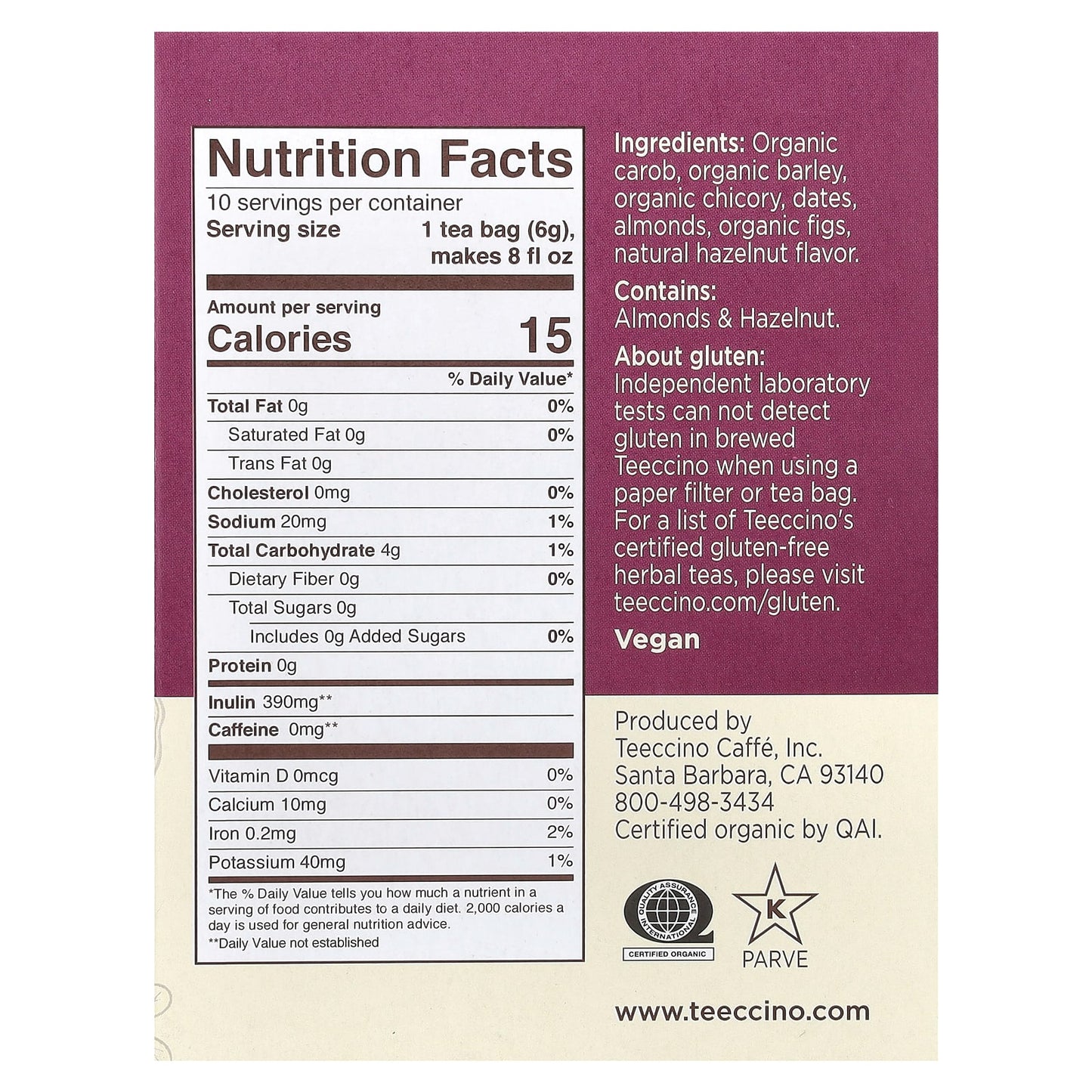 Teeccino, Roasted Herbal Tea, Hazelnut, Caffeine Free, 10 Tea Bags, 2.12 oz (60 g) - Image 2