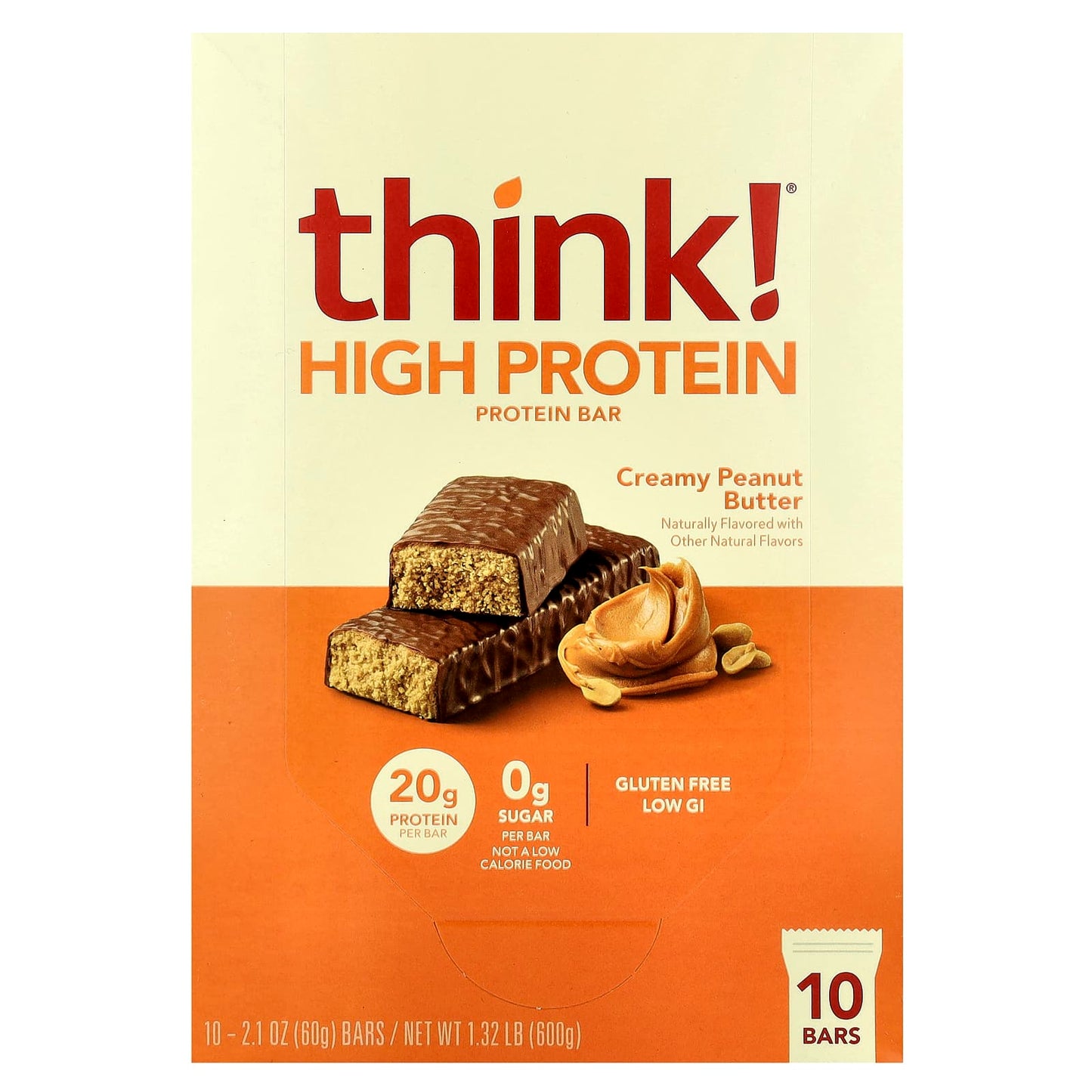 Think !, High Protein Bars, Creamy Peanut Butter, 10 Bars, 2.1 oz (60 g) Each - Image 1