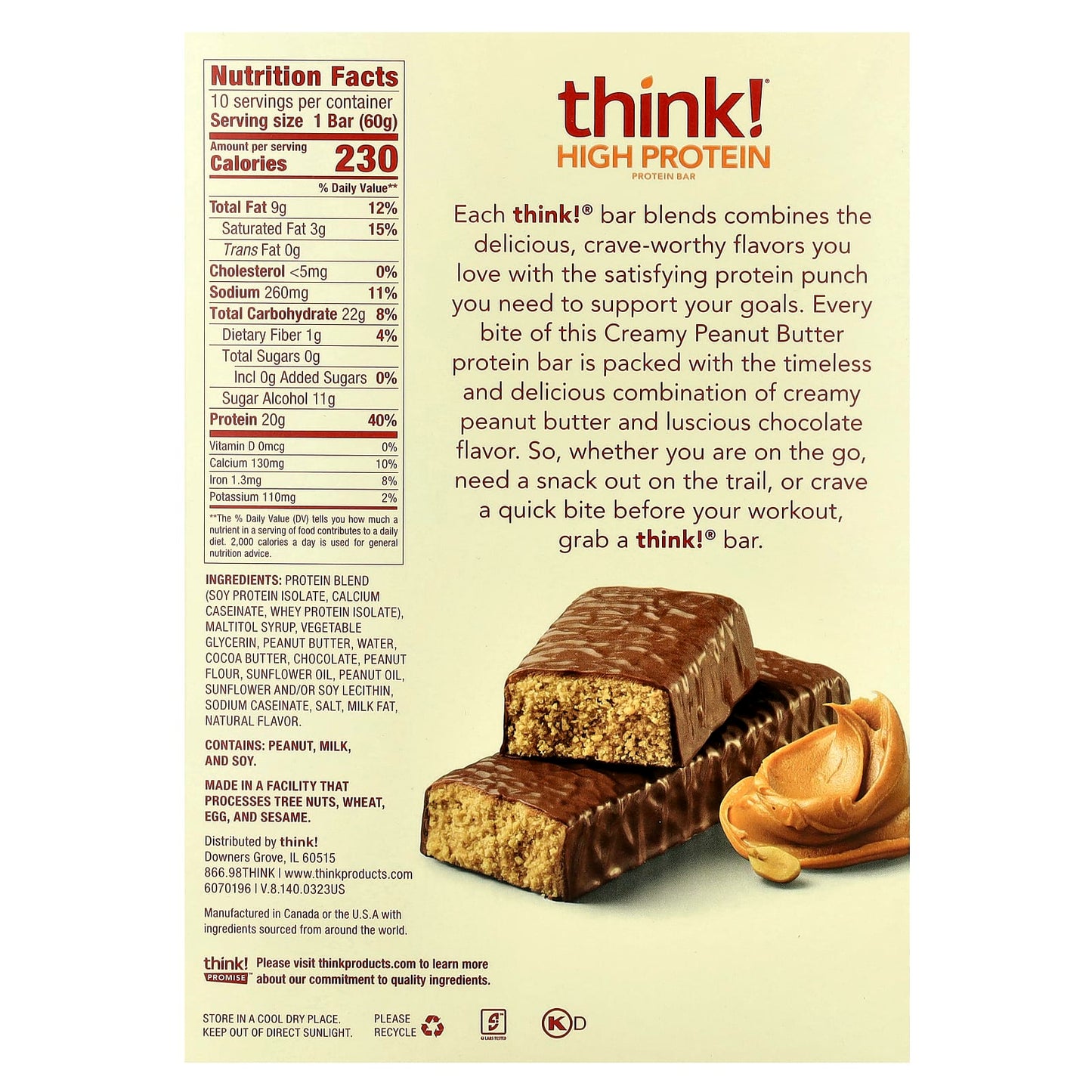 Think !, High Protein Bars, Creamy Peanut Butter, 10 Bars, 2.1 oz (60 g) Each - Image 2