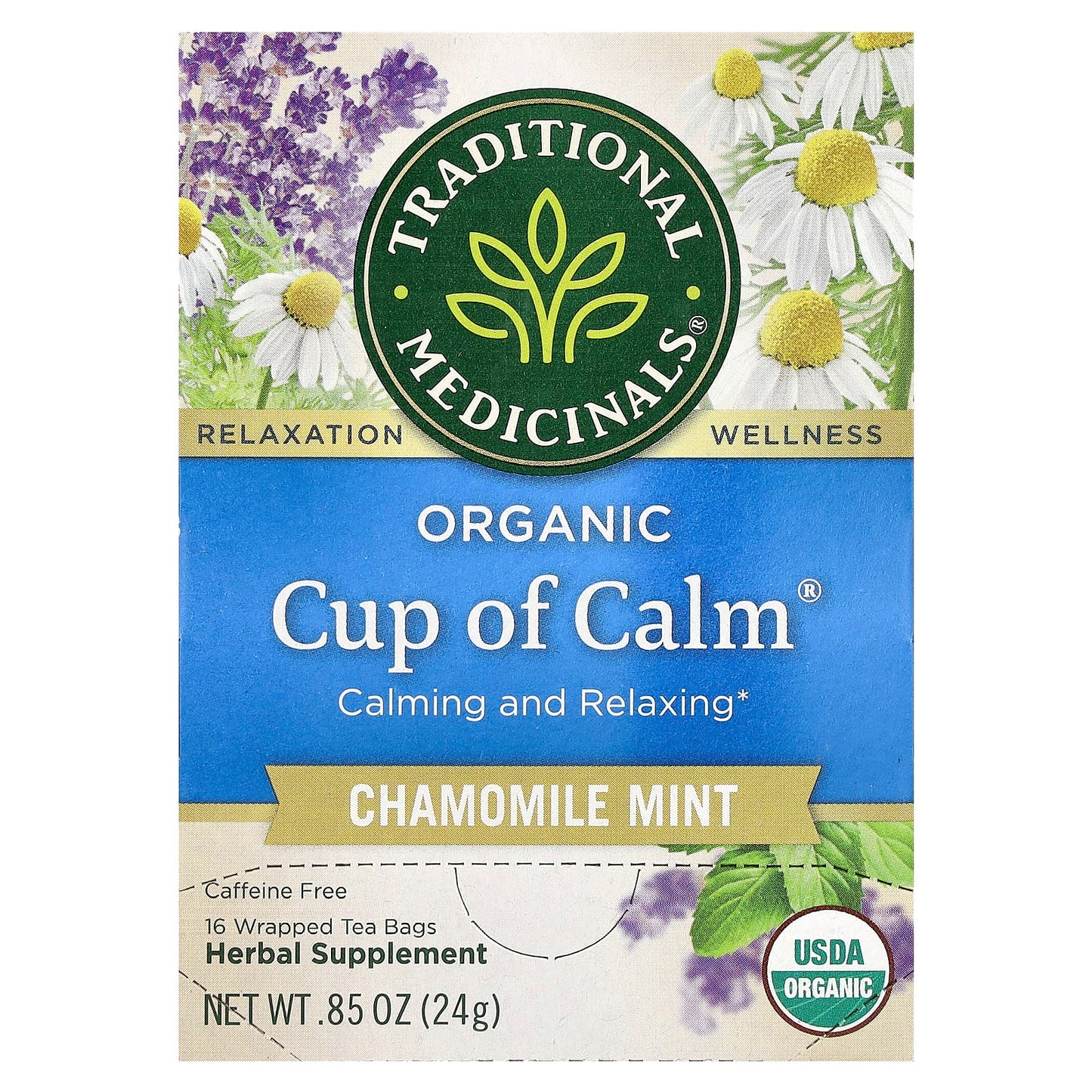 Traditional Medicinals, Organic Cup of Calm, Chamomile Mint, Caffeine Free, 16 Wrapped Tea Bags, 0.85 oz (24 g) - Image 1