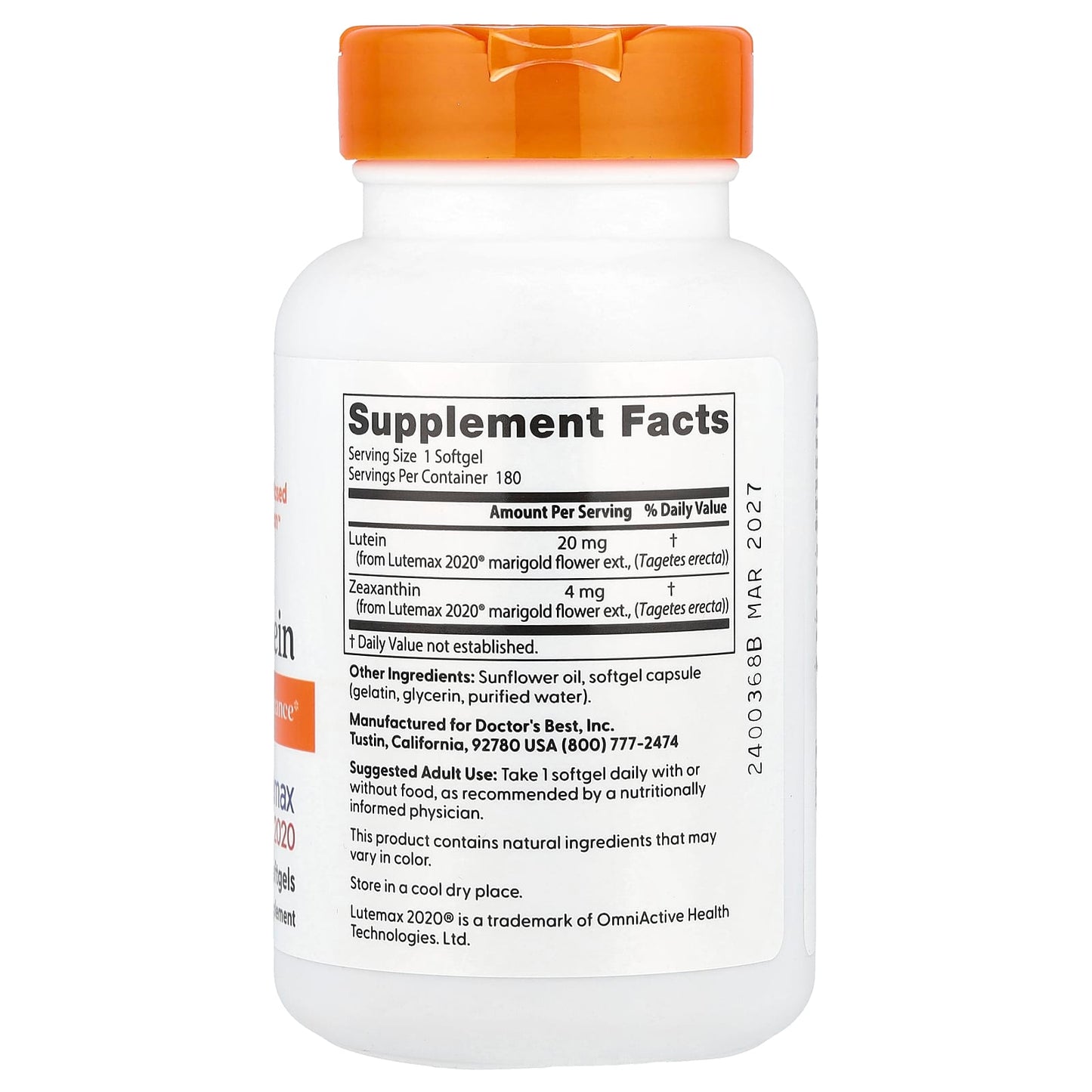 Doctor's Best, Lutein, Lutemax 2020, 20 mg, 180 Softgels