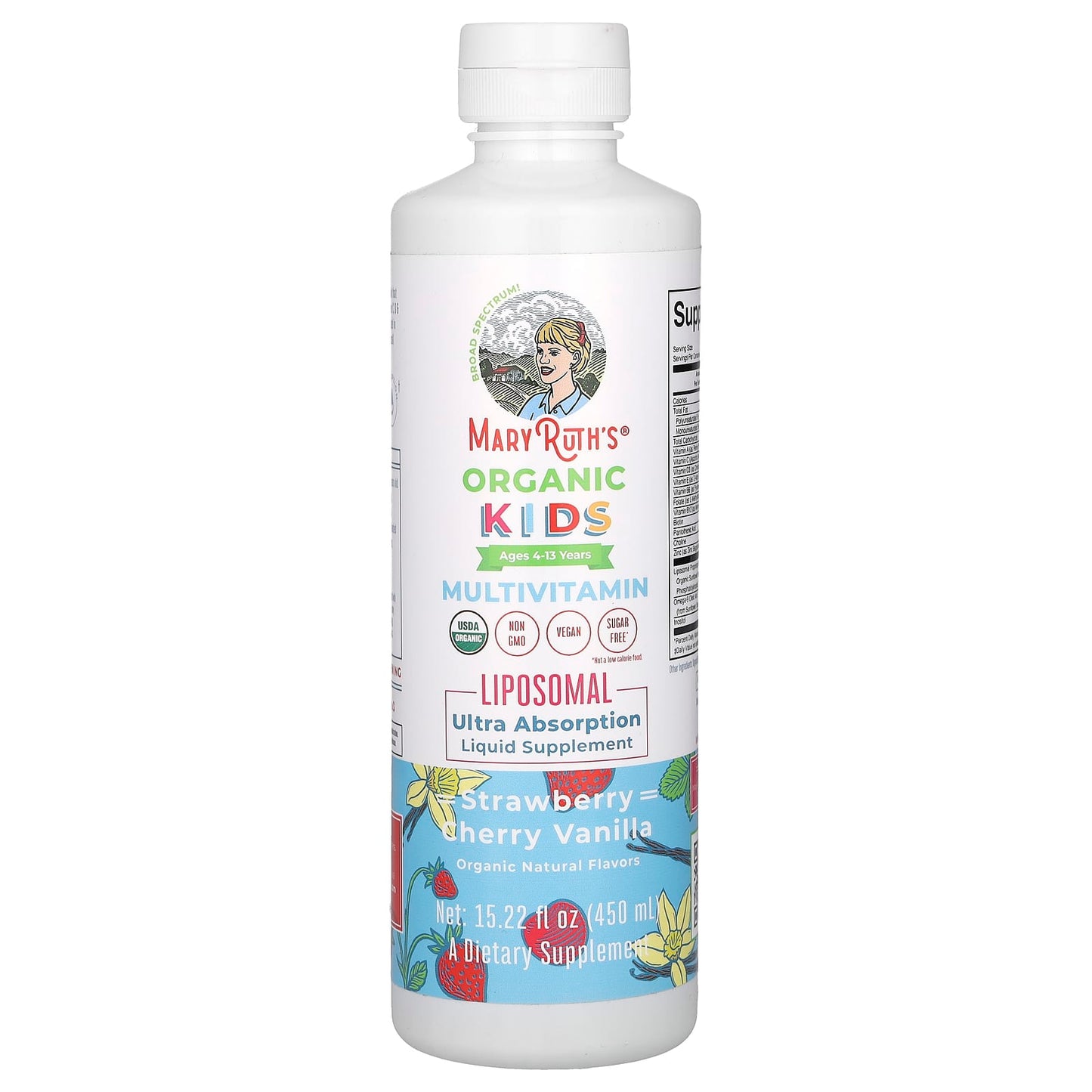 MaryRuth's, Organic Kids Multivitamin Liposomal, Ages 4-13 Years, Strawberry Cherry Vanilla, 15.22 fl oz (450 ml) - Image 1
