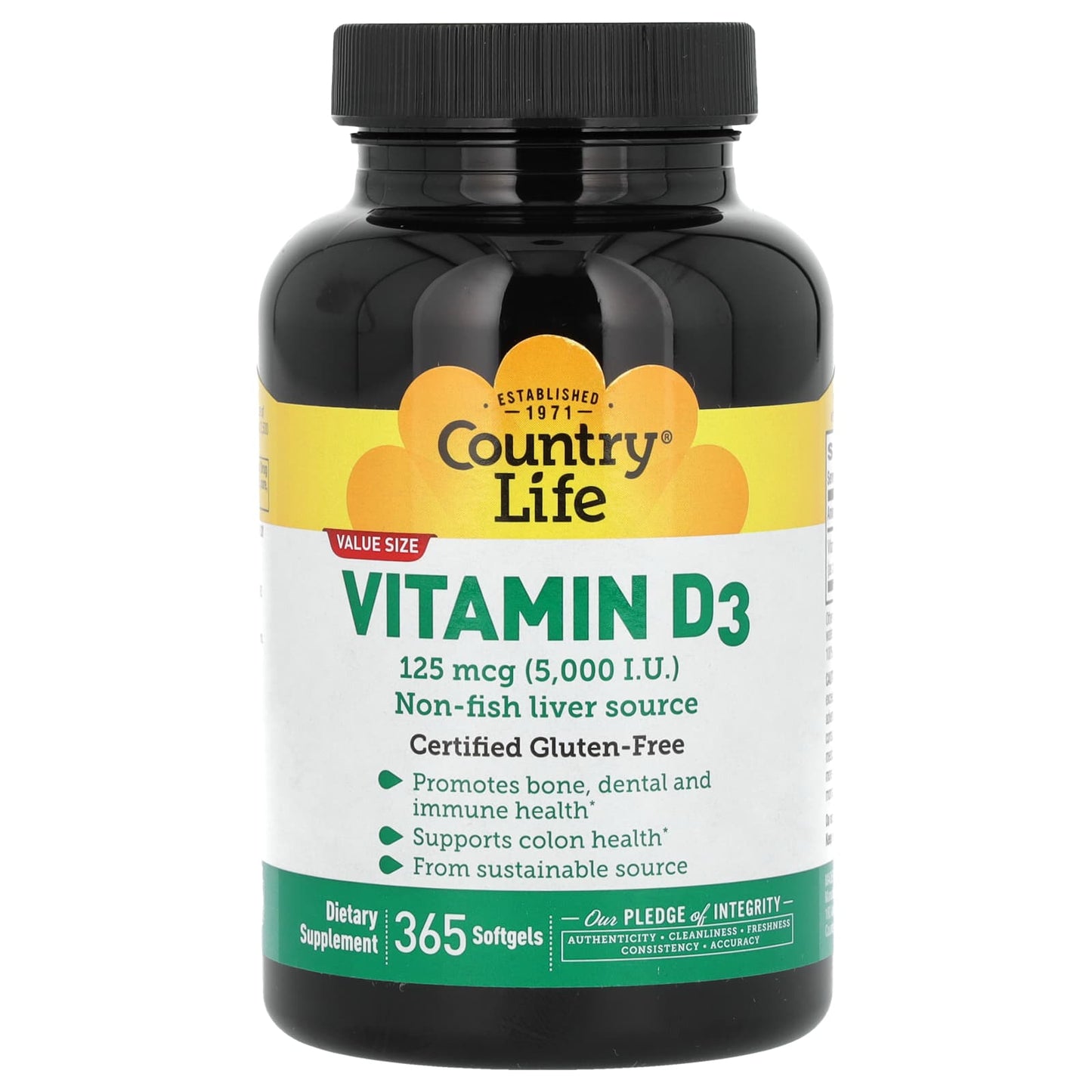 Country Life Vitamin D3 5000 IU, 125 mcg, 365 Softgels, Non-GMO & Gluten-Free - Image 1