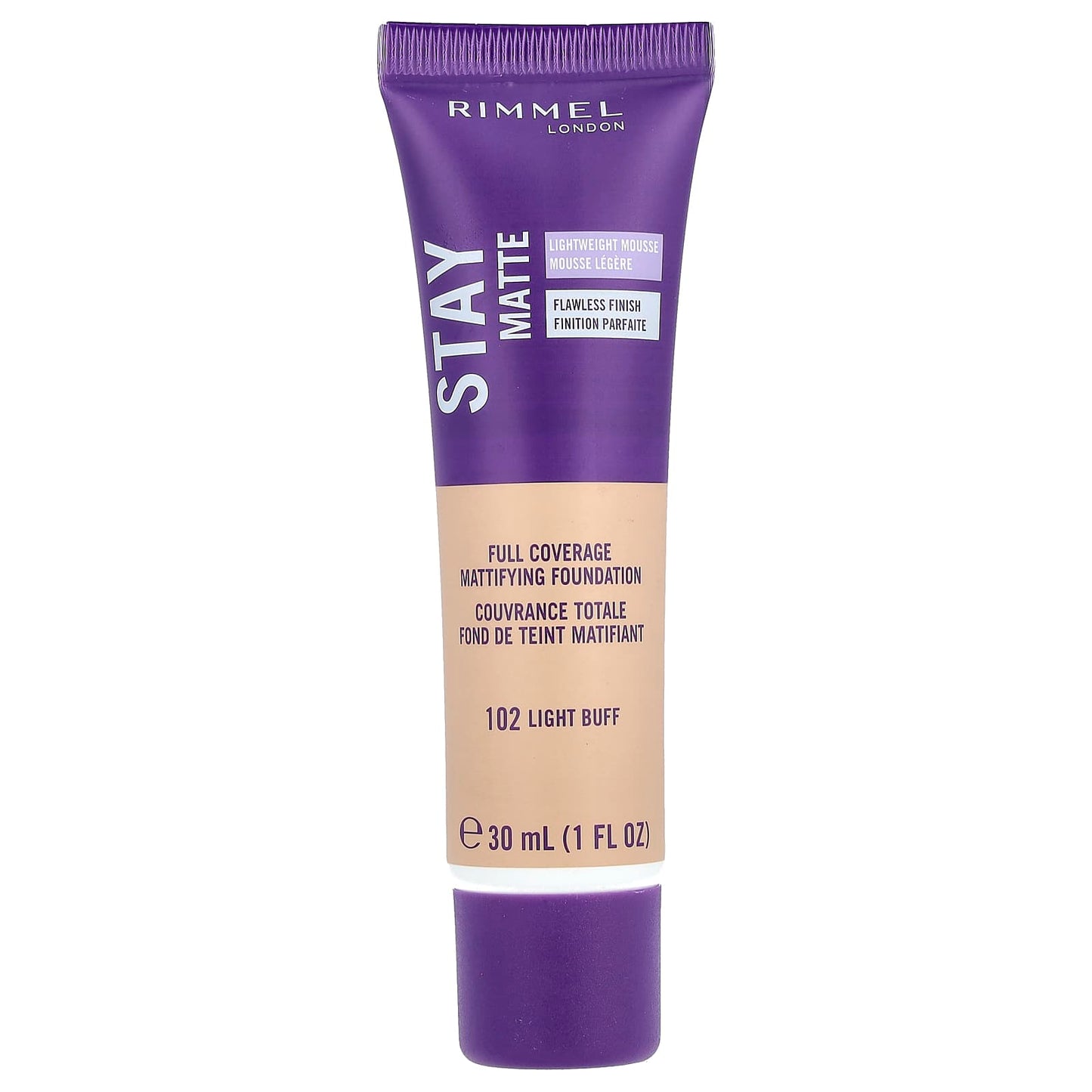 Rimmel London, Stay Matte, Full Coverage Mattifying Foundation, 102 Light Buff, 1 fl oz (30 ml) - Image 1