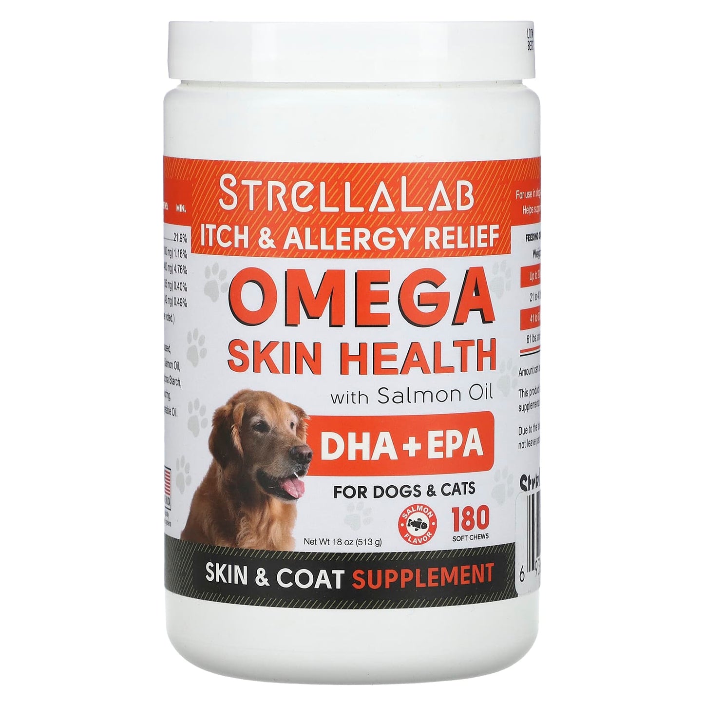 StrellaLab, Omega Skin Health With Salmon Oil, For Dogs & Cats, Salmon, 180 Soft Chews, 18 oz (513 g) - Image 1