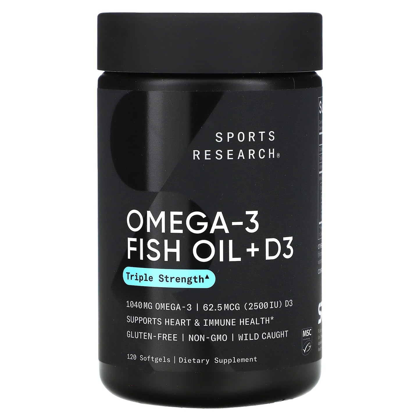 Sports Research, Omega-3 Fish Oil + D3, Triple Strength , 1,040 mg & 62.5 mcg (2,500 IU), 120 Softgels - Image 1