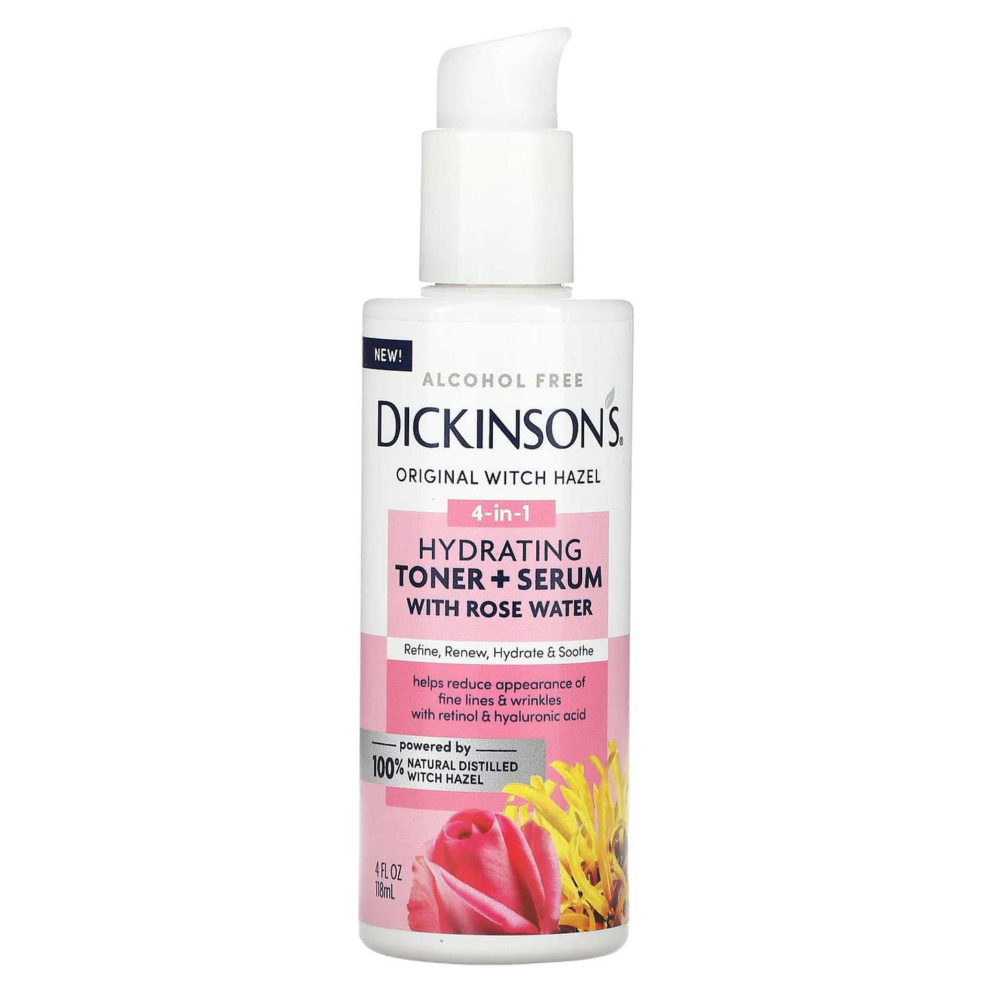 Dickinson Brands, Original Witch Hazel, 4-in-1 Hydrating Toner + Serum with Rose Water, Alcohol Free, 4 fl oz (118 ml) - Image 1