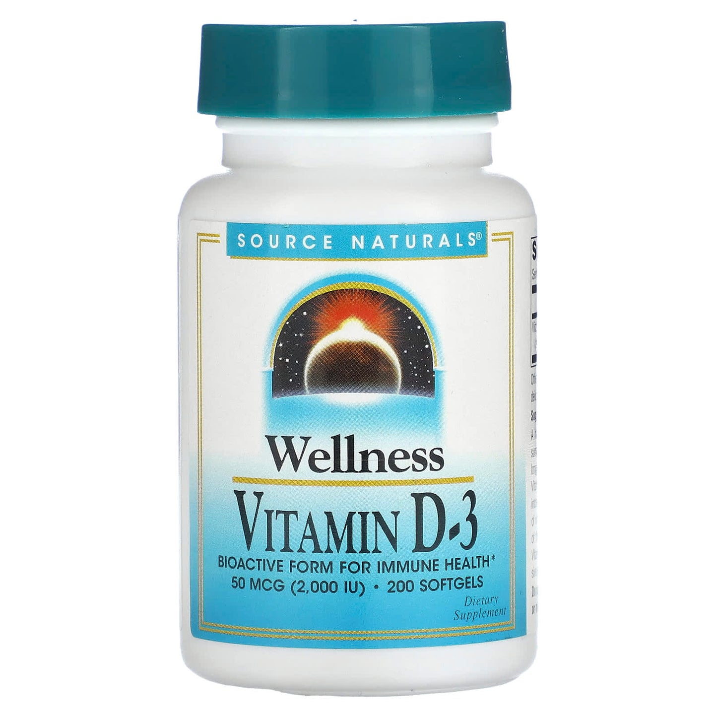Source Naturals, Wellness, Vitamin D-3, 50 mcg (2,000 IU), 200 Softgels - Image 1