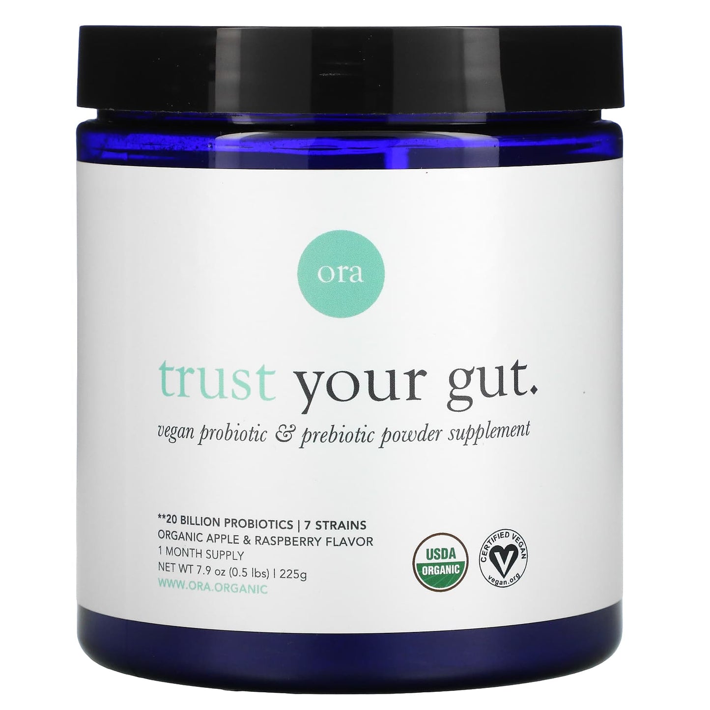 Ora, Trust Your Gut, Vegan Probiotic & Prebiotic Powder Supplement, Organic Apple & Raspberry , 7.9 oz (225 g) - Image 1