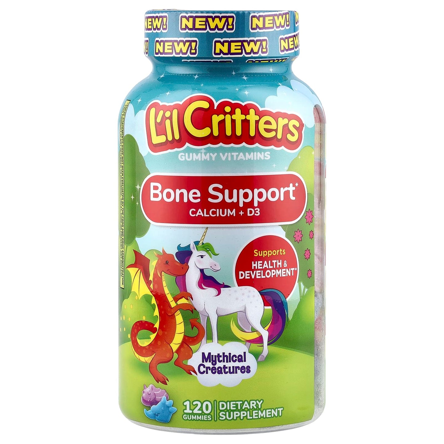 L'il Critters, Mythical Creatures, Bone Support Calcium + D3 Gummies, Bumbleberry Blast, Sour Blue Raspberry, 120 Gummies - Image 1
