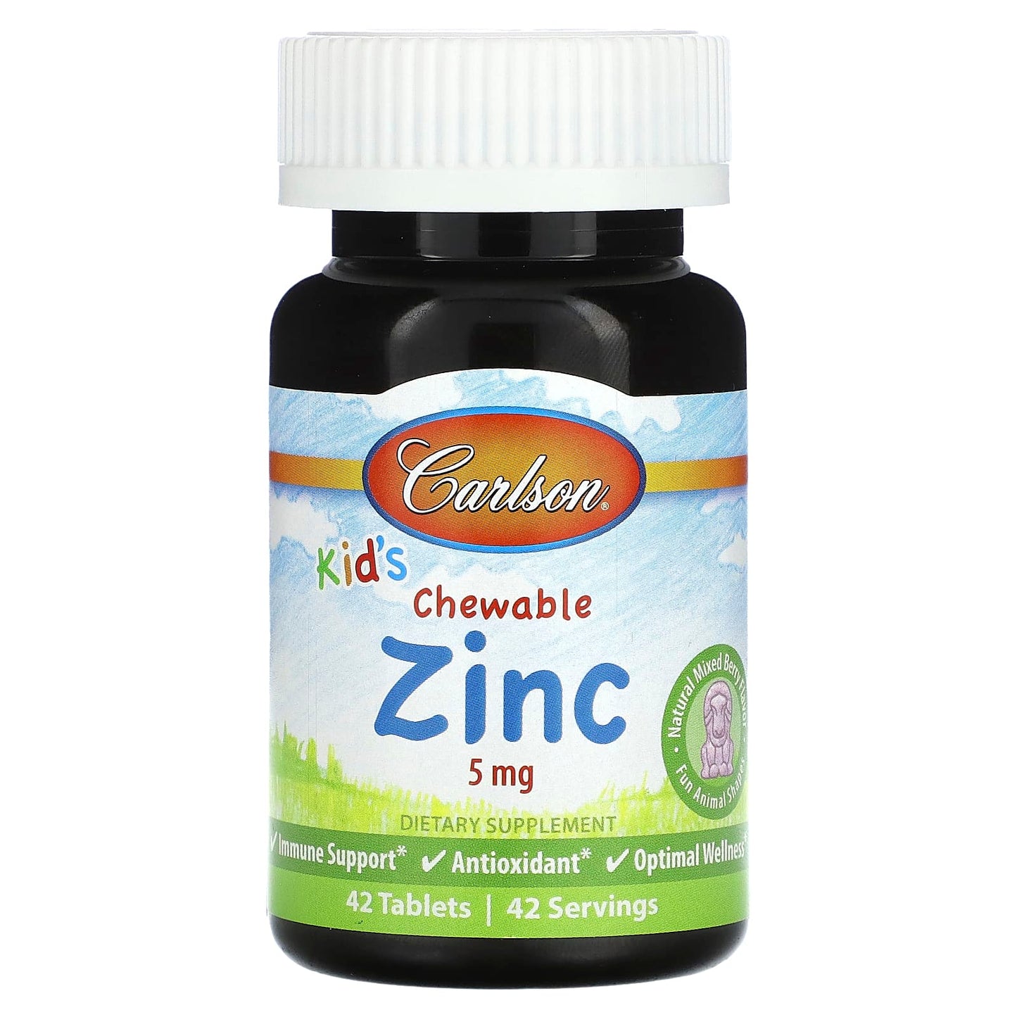 Carlson Kid's Chewable Zinc Supplement, Natural Mixed Berry, 5mg, 42 Tablets - Image 1