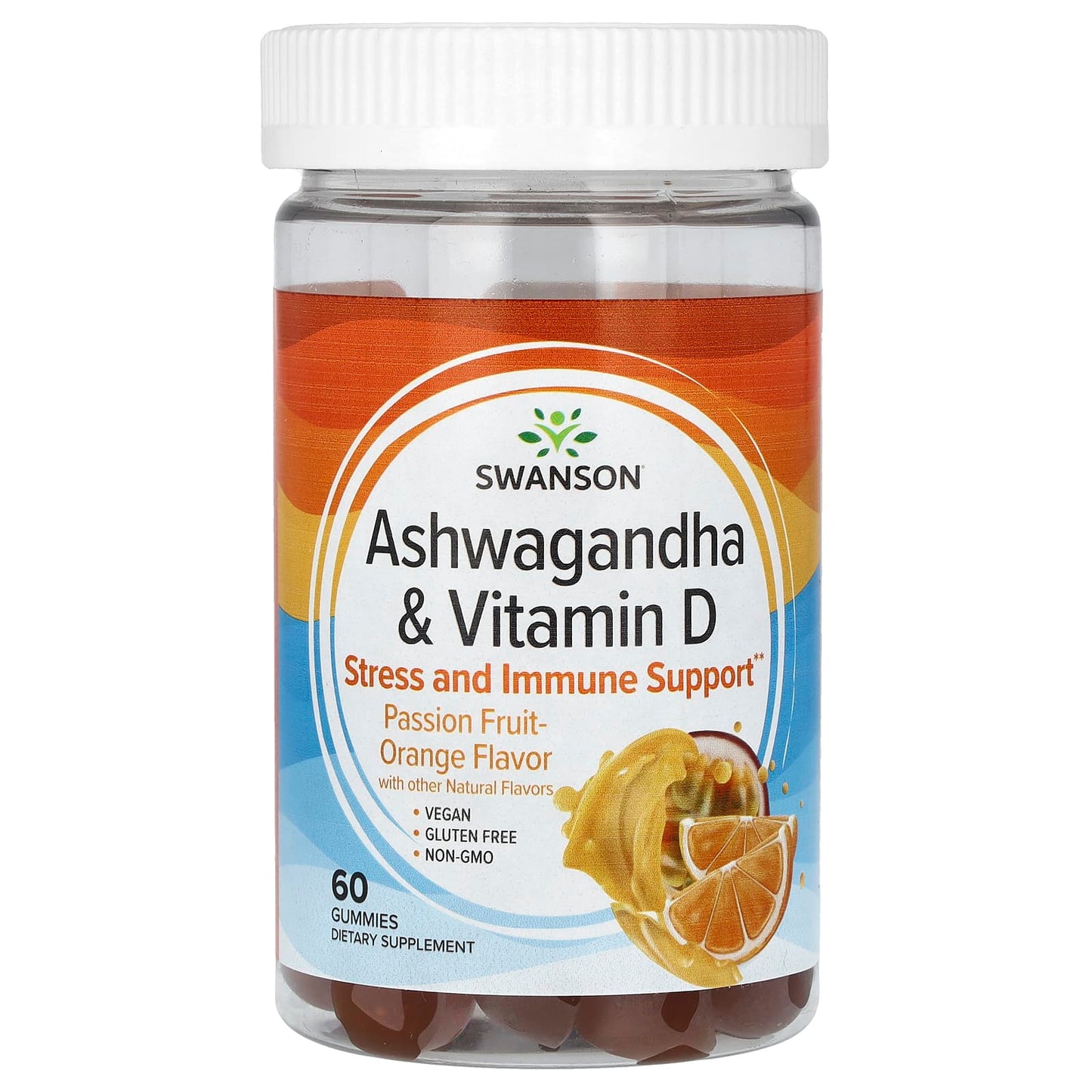 Swanson, Ashwagandha & Vitamin D, Passion Fruit-Orange, 60 Gummies - Image 1