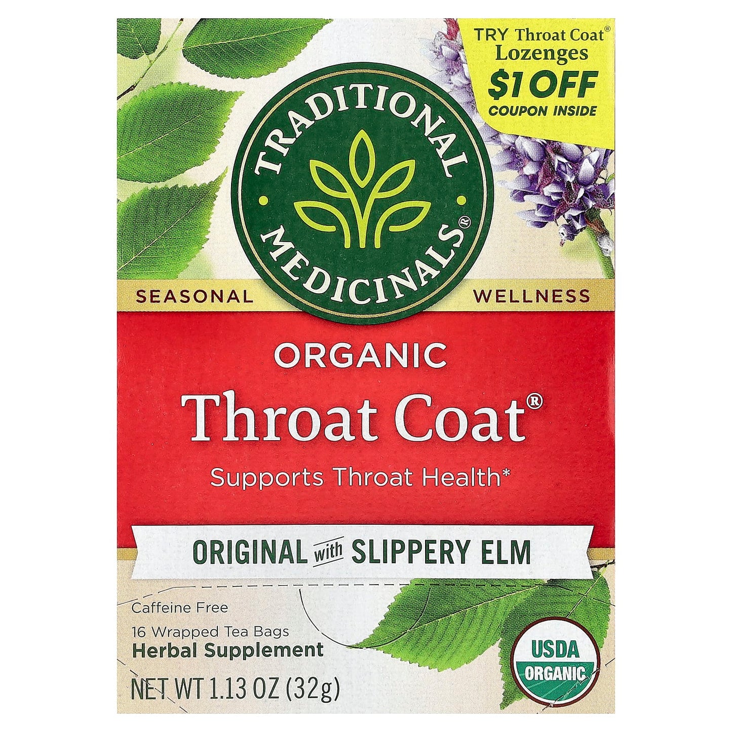 Traditional Medicinals, Organic Throat Coat®, Original with Slippery Elm, Caffeine Free, 16 Wrapped Tea Bags, 1.13 oz (32 g) - Image 1