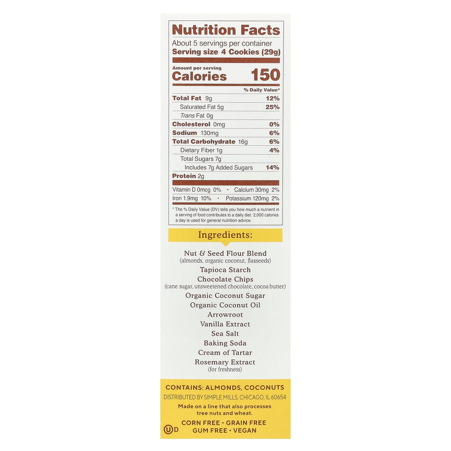 Simple Mills, Crunchy Almond Flour Cookies, Chocolate Chip, 5.5 oz (156 g) - Image 2