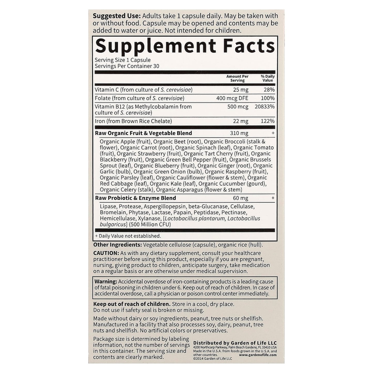 Garden of Life RAW Iron Vitamin Code 30 Vegan Capsules - Image 2