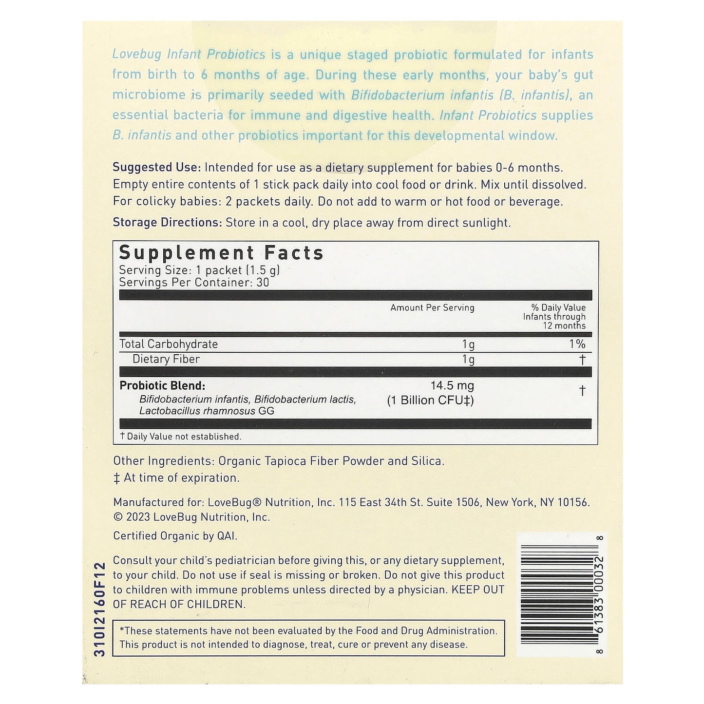 LoveBug Probiotics, Infant Probiotics, 0-6 Months, 1 Billion CFU, 30 Single Serve Stick Packs, 0.05 oz (1.5 g) Each