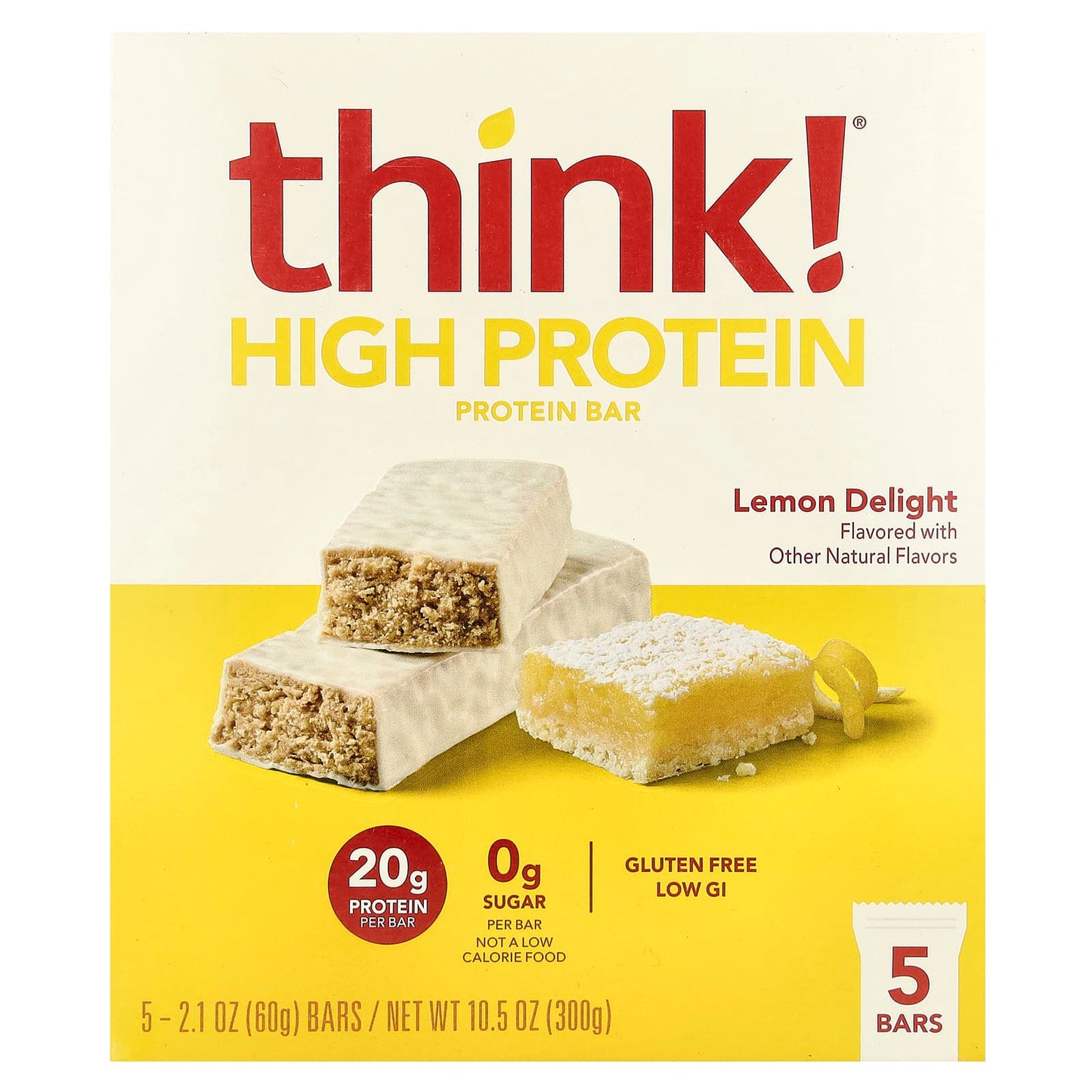 Think !, High Protein Bars, Lemon Delight, 5 Bars, 2.1 oz (60 g) Each - Image 1