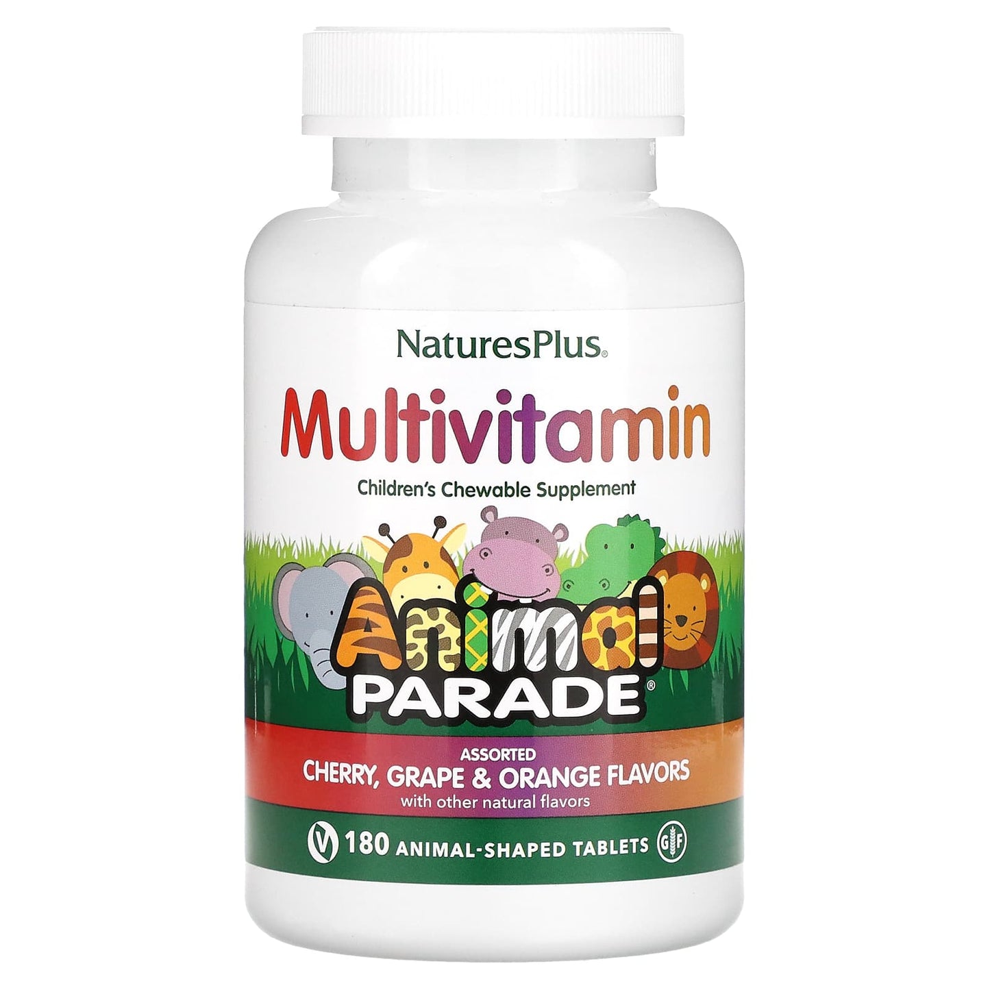 NaturesPlus, Animal Parade, Children's Chewable Multivitamin Supplement, Cherry, Grape & Orange, 180 Animal-Shaped Tablets - Image 1