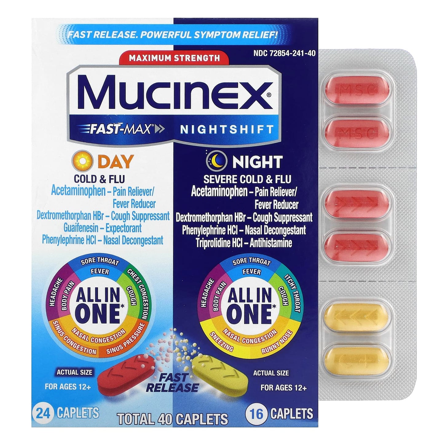 Mucinex, Fast-Max Day Cold & Flu and Nightshift Night Severe Cold & Flu, Maximum Strength, For Ages 12+, 2 Bottles, 40 Caplets - Image 1