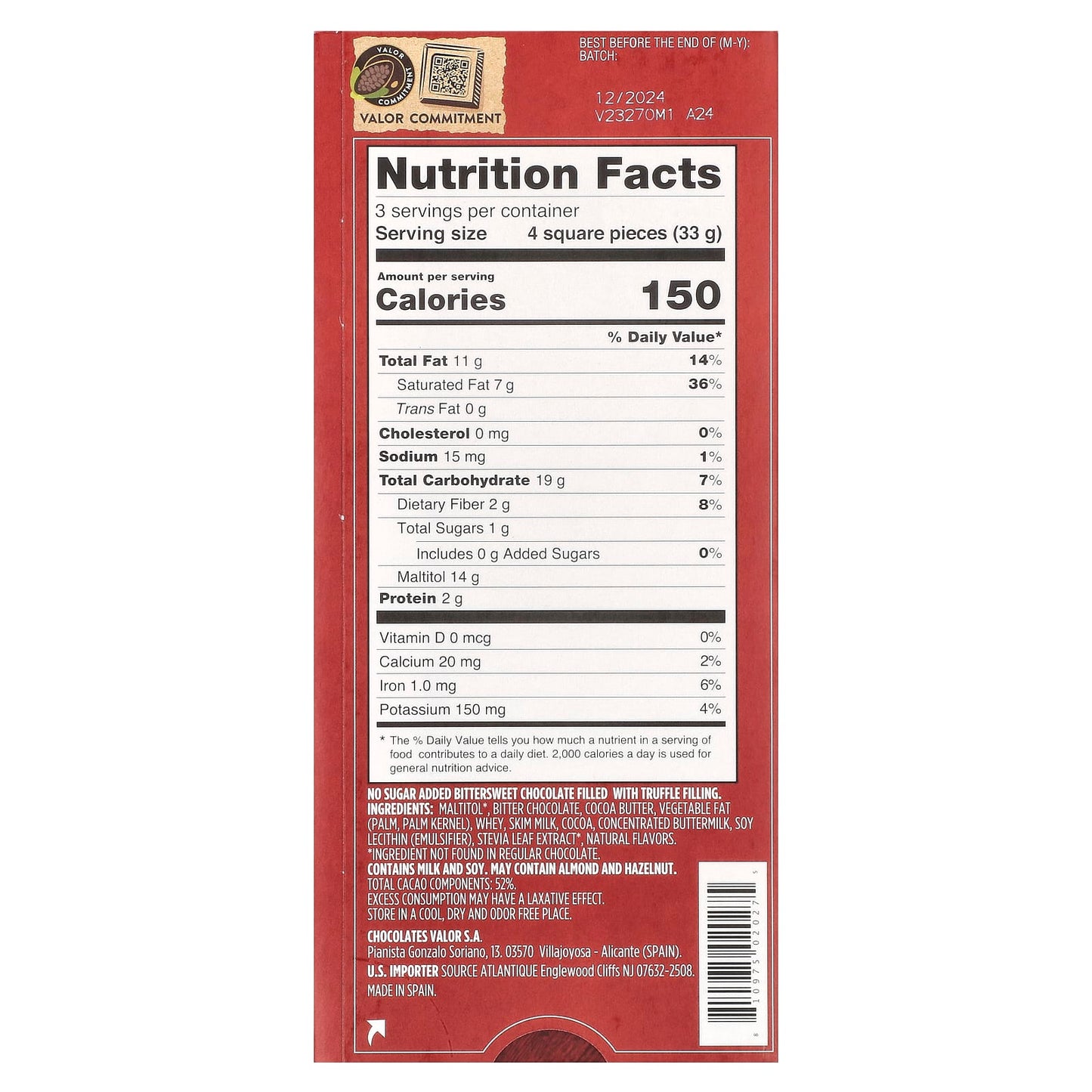 Valor, 0% Sugar Added, Creamy Dark Chocolate with Truffle Cream Filling, 52% Cacao, 3.5 oz (100 g) - Image 2