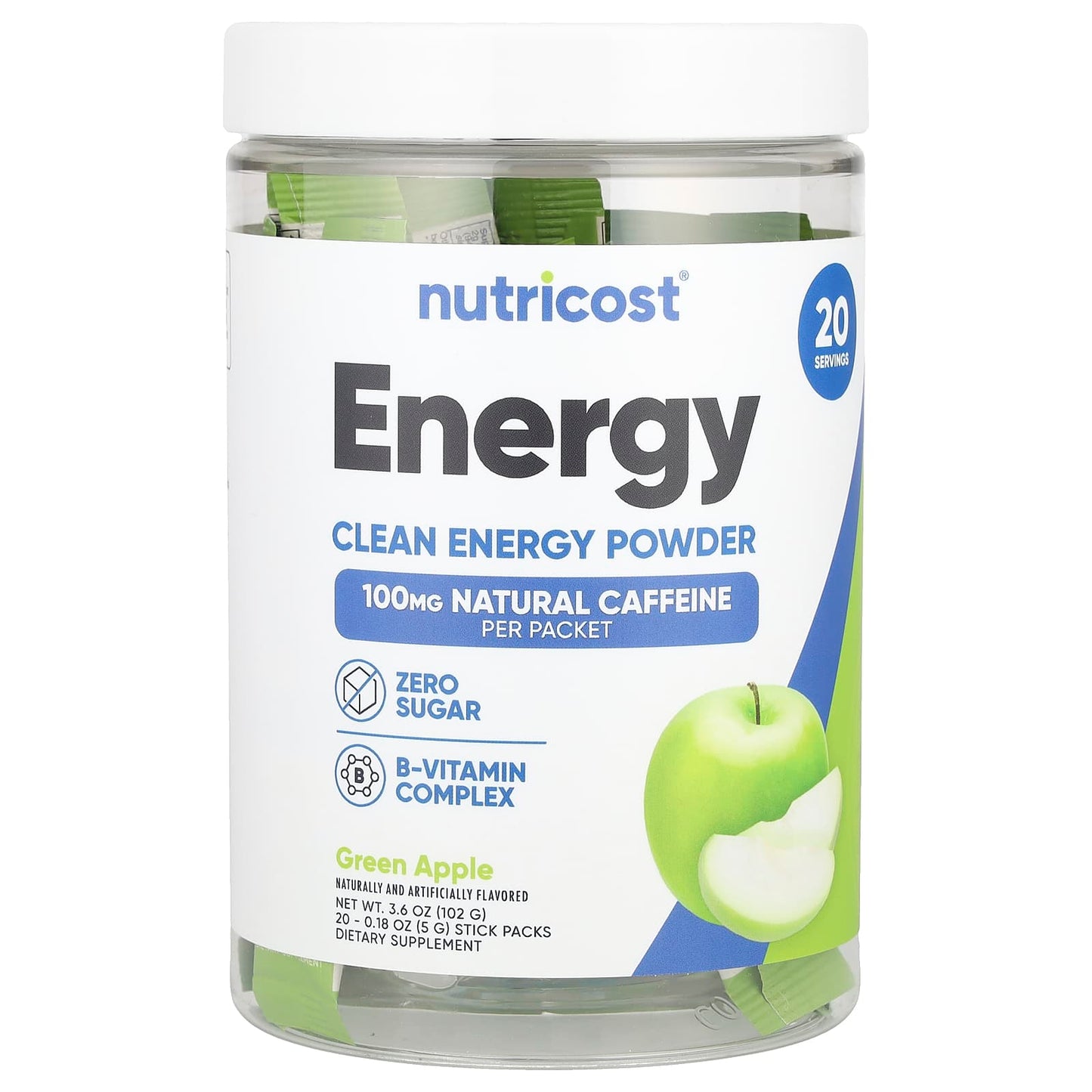 Nutricost, Energy, Clean Energy Powder, Green Apple, 20 Stick Packs, 0.18 oz (5 g) Each - Image 1
