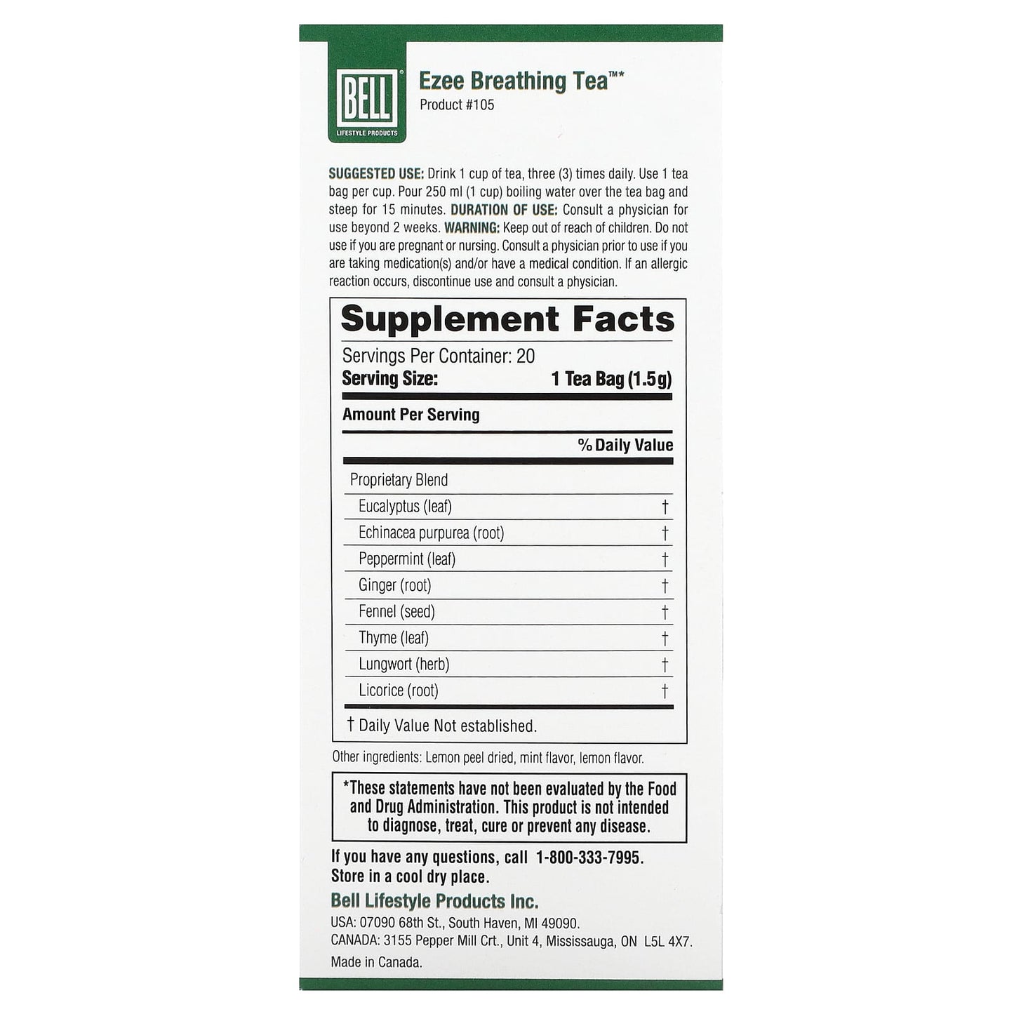Bell Lifestyle, Ezee Breathing Tea™, Soothing Herbal Blend, 20 Tea Bags, 30 g