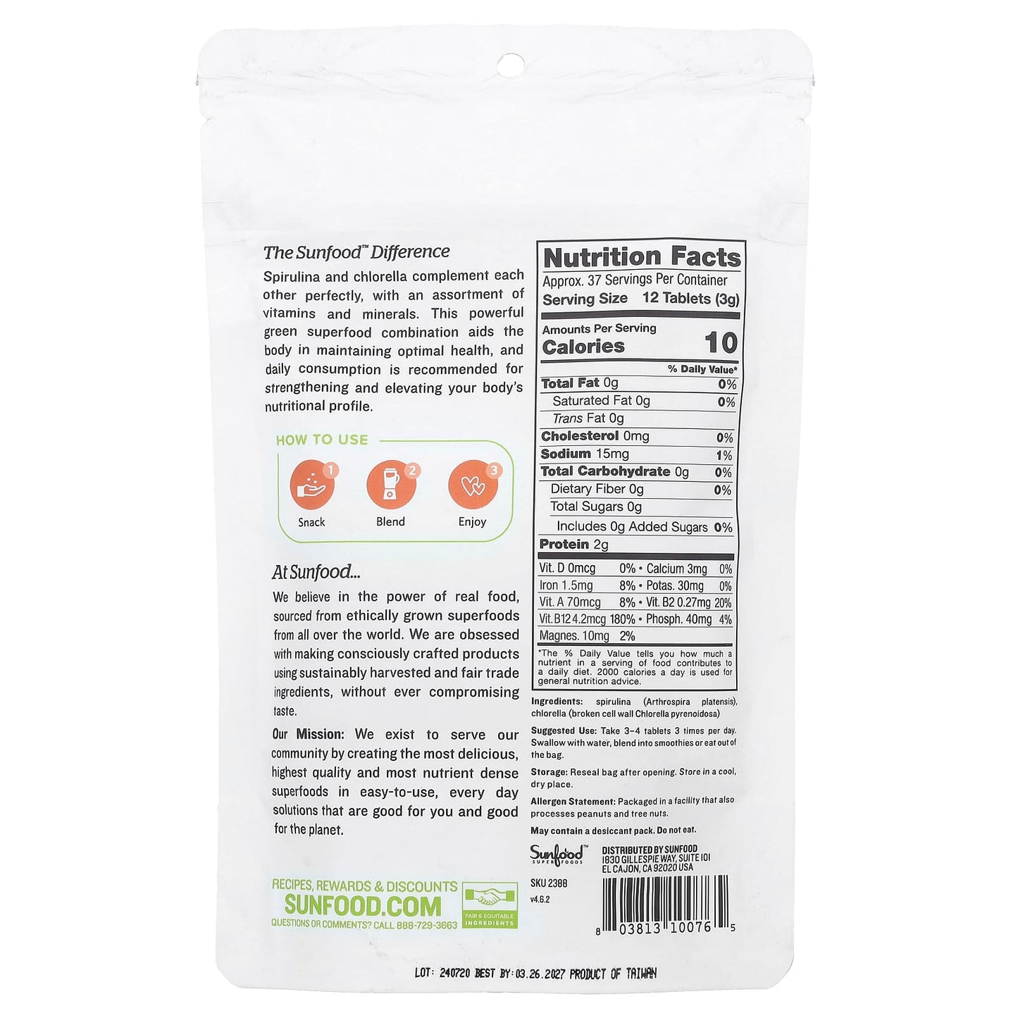 Sunfood, Super Algae Tablets Spirulina & Chlorella, 250 mg, Approx. 456 Tablets - Image 2