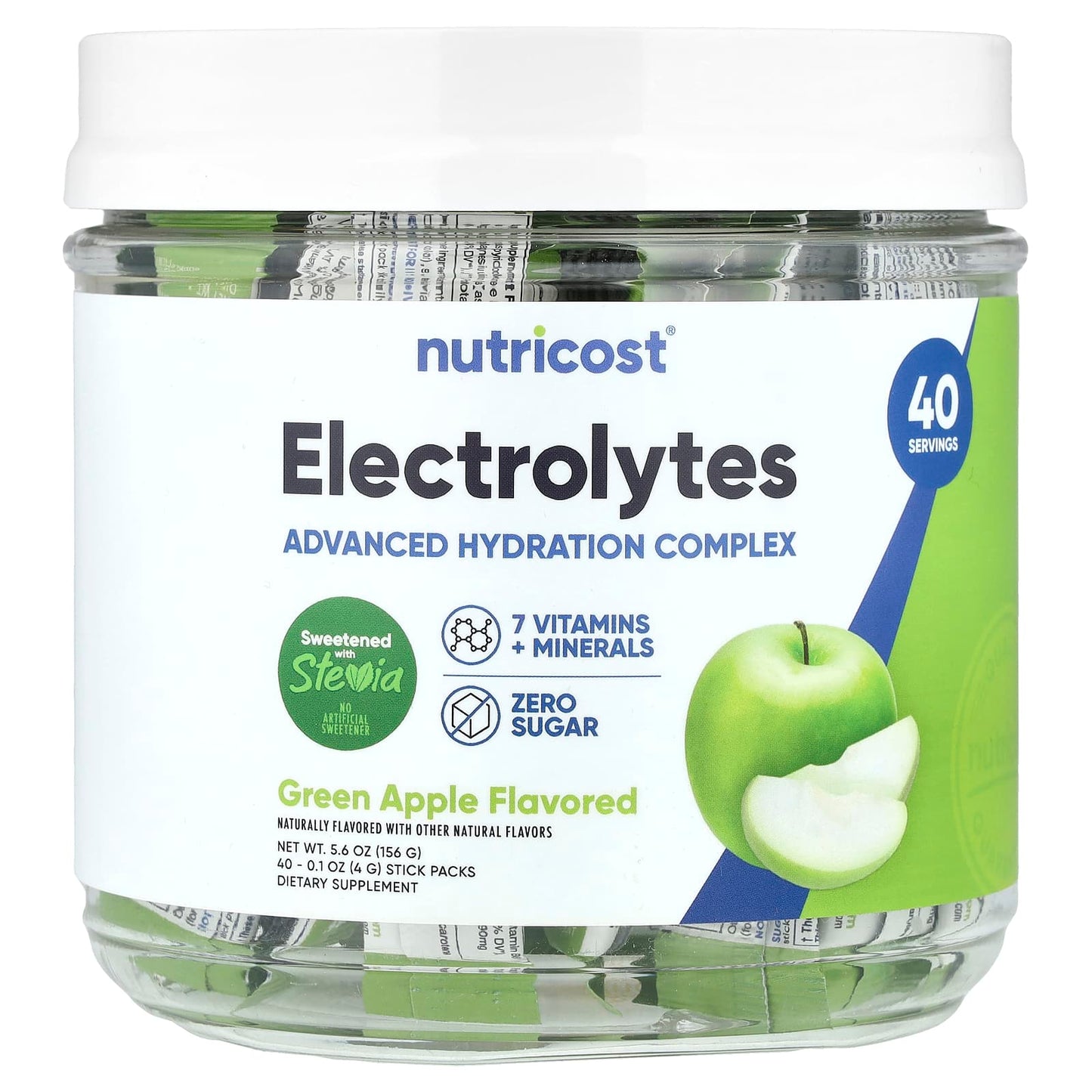Nutricost, Electrolytes, Advanced Hydration Complex, Green Apple , 40 Stick Packs, 0.1 oz (4 g) Each - Image 1