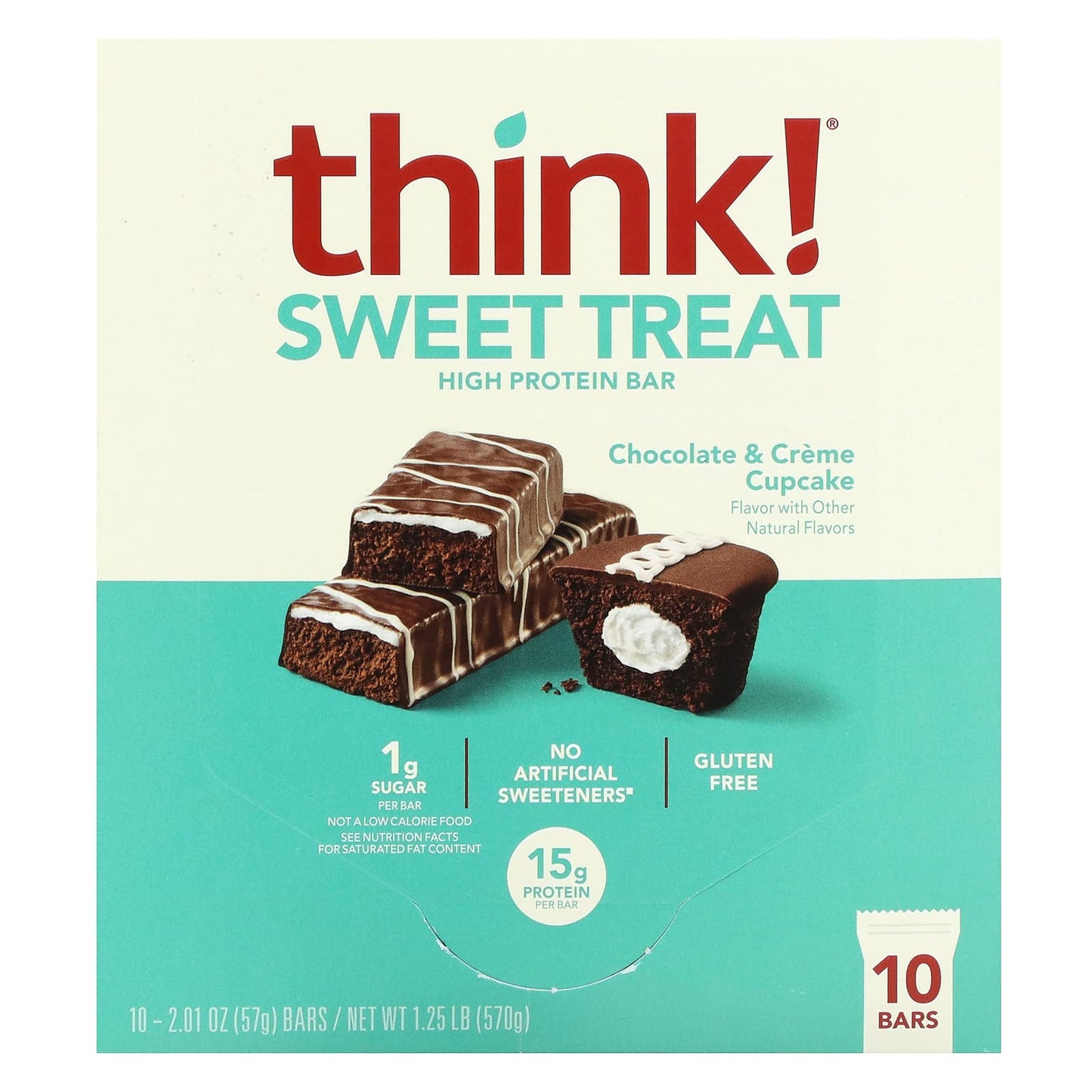 Think !, Sweet Treat, High Protein Bar, Chocolate & Creme Cupcake, 10 Bars, 2.01 oz (57 g) Each - Image 1