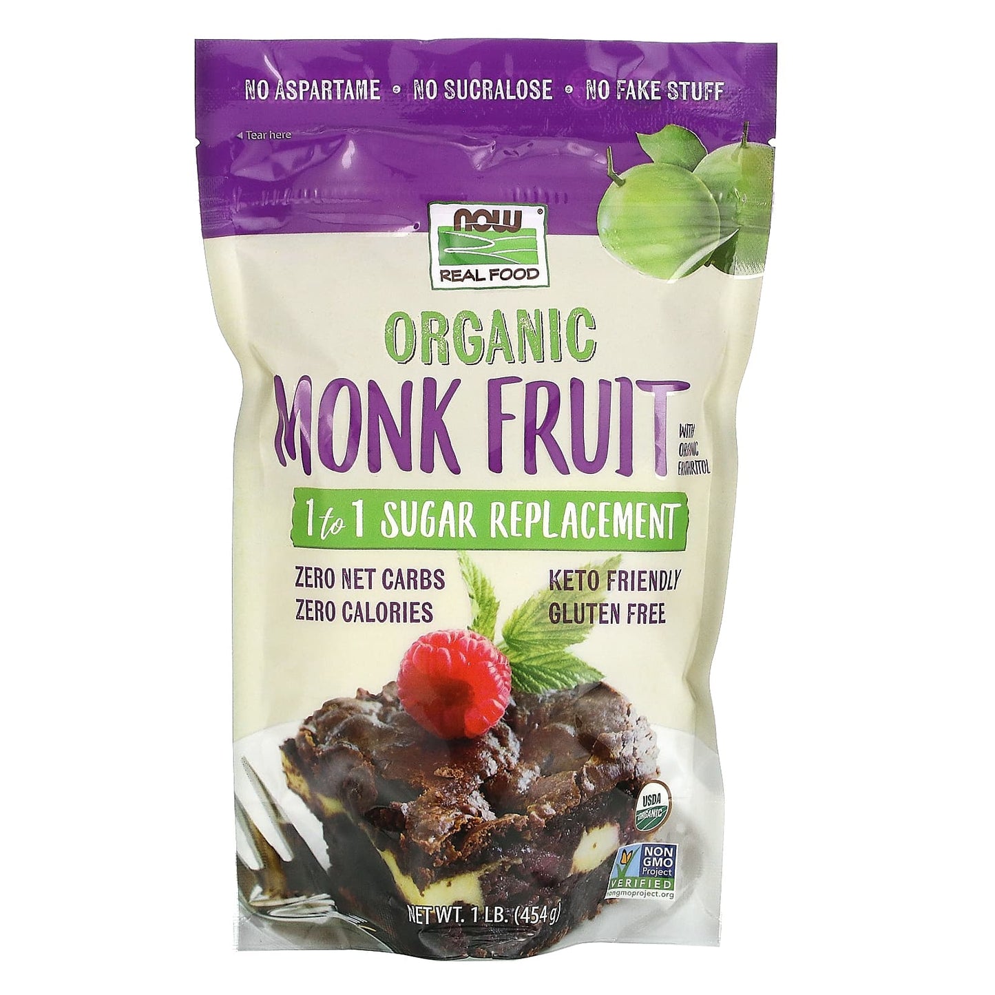 NOW Foods, Real Food, Organic Monk Fruit, 1-to-1 Sugar Replacement , 1 lb (454 g) - Image 1