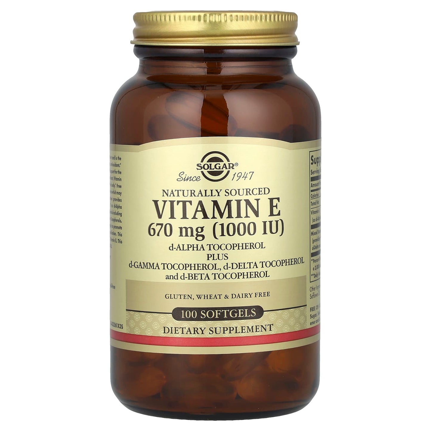 Solgar, Vitamin E, d-Alpha Tocopherol Plus d-Gamma Tocopherol, d-Delta Tocopherol and d-Beta Tocopherol, 100 Softgels - Image 1