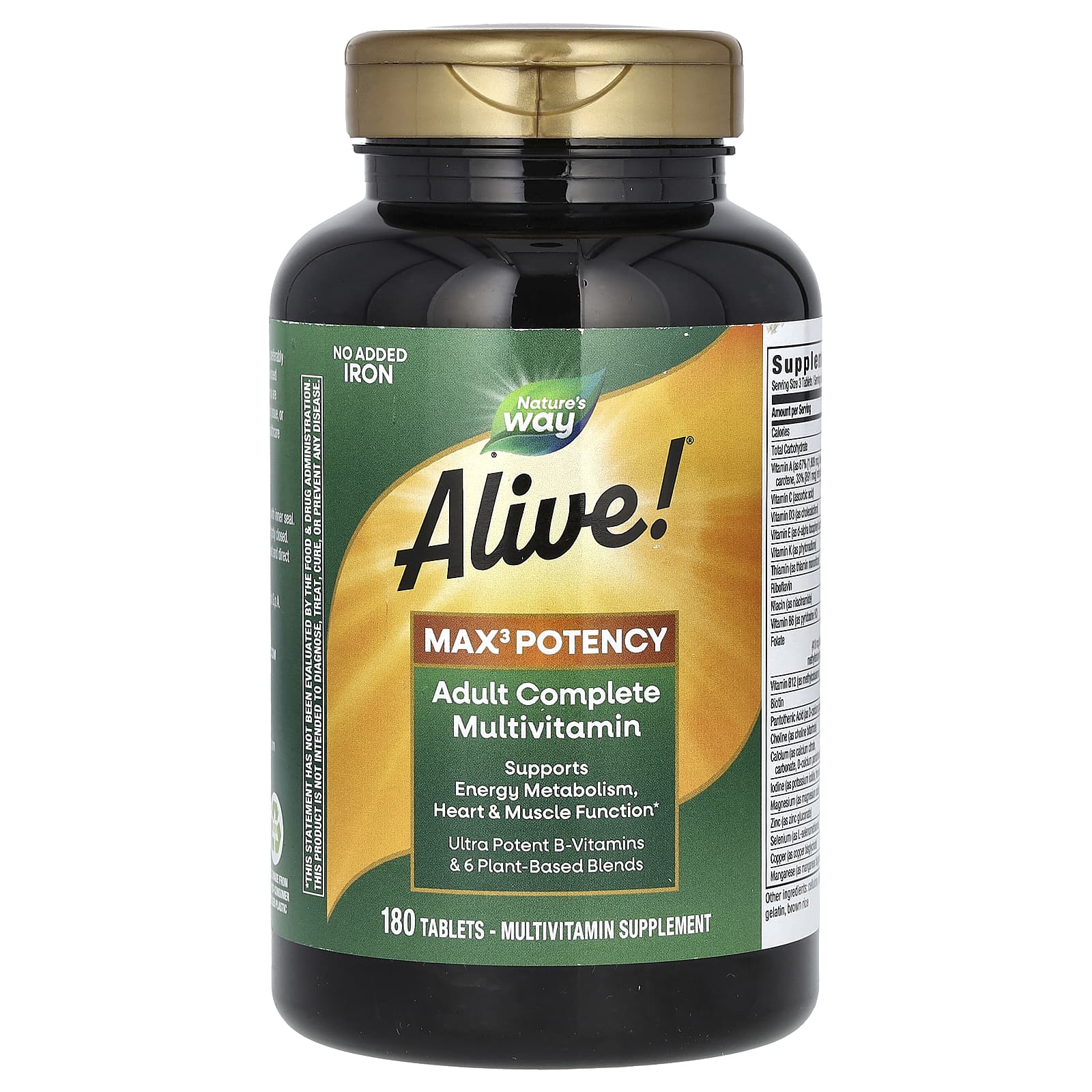 Nature's Way, Alive! Max3 Potency, Adult Complete Multivitamin, No Added Iron, 180 Tablets - Image 1