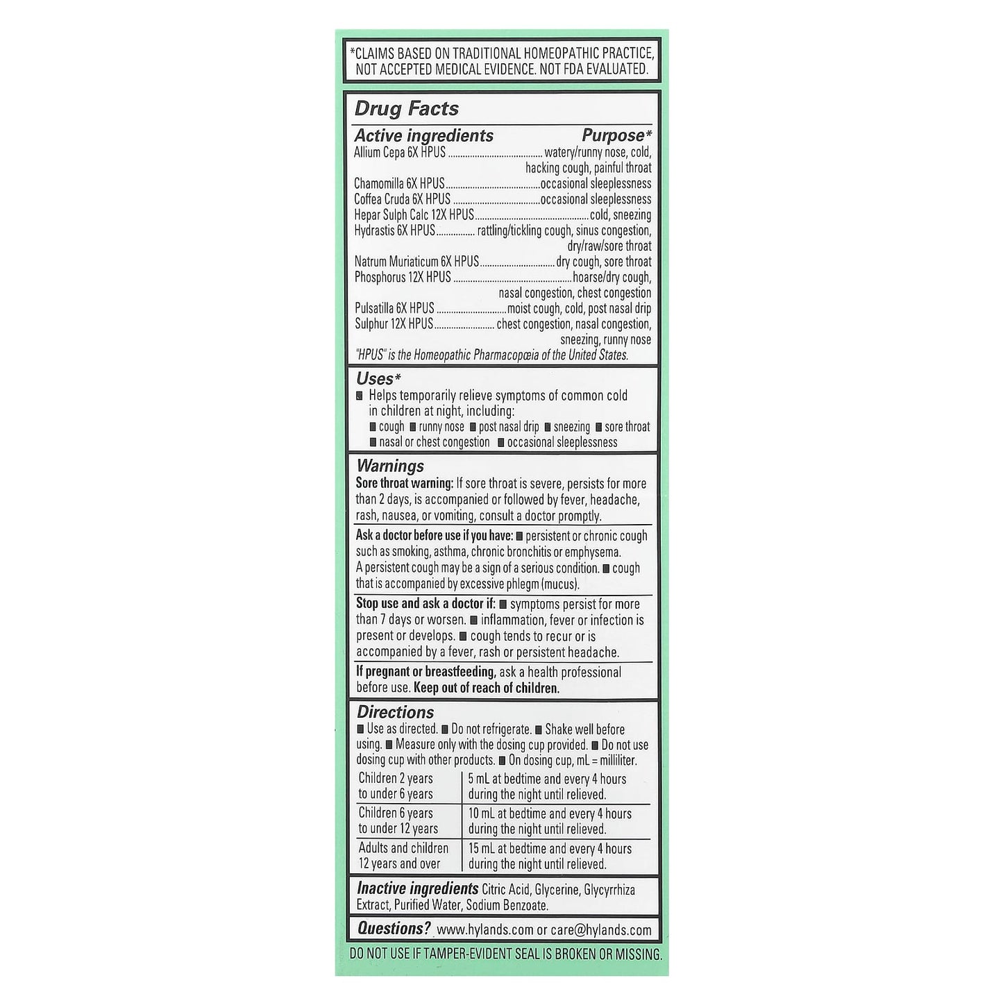 Hyland's Naturals, Kids, Cold & Cough, Nighttime, Ages 2-12, Unflavored, 4 fl oz (118 ml)