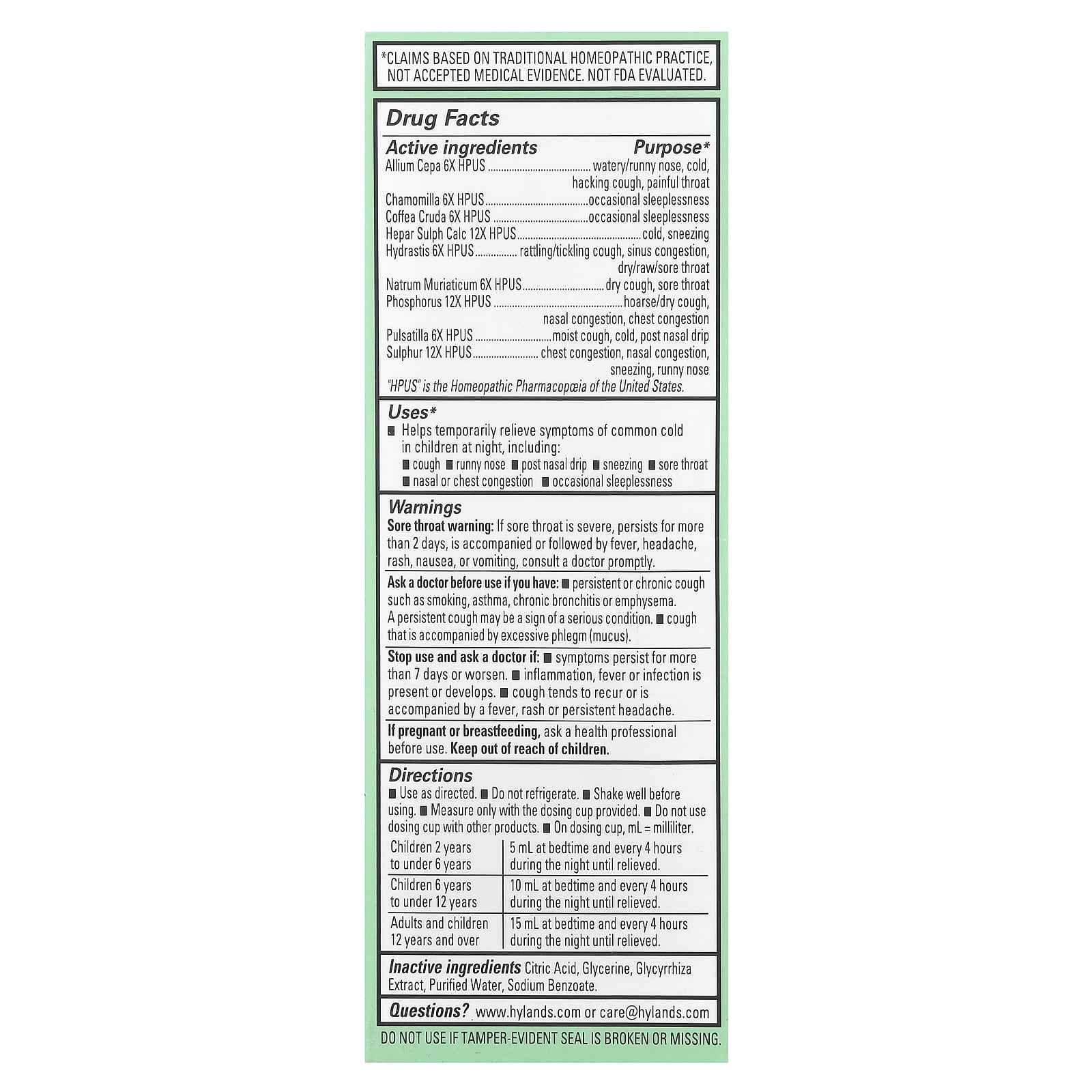 Hyland's Naturals, Kids, Cold & Cough, Nighttime, Ages 2-12, Unflavored, 4 fl oz (118 ml)