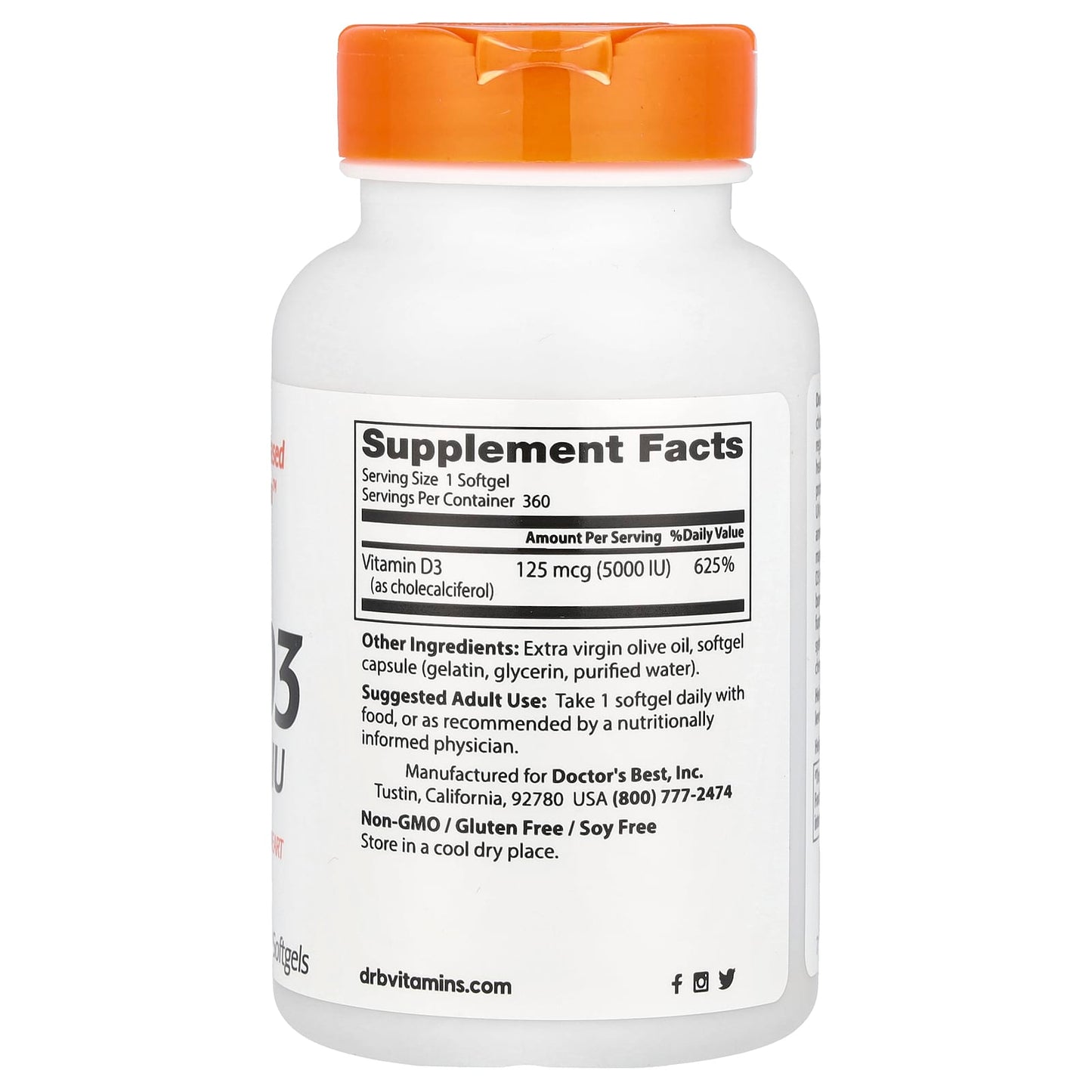 Doctor's Best Vitamin D3 5000 IU 360 Softgels Non-GMO Gluten Free - Image 2