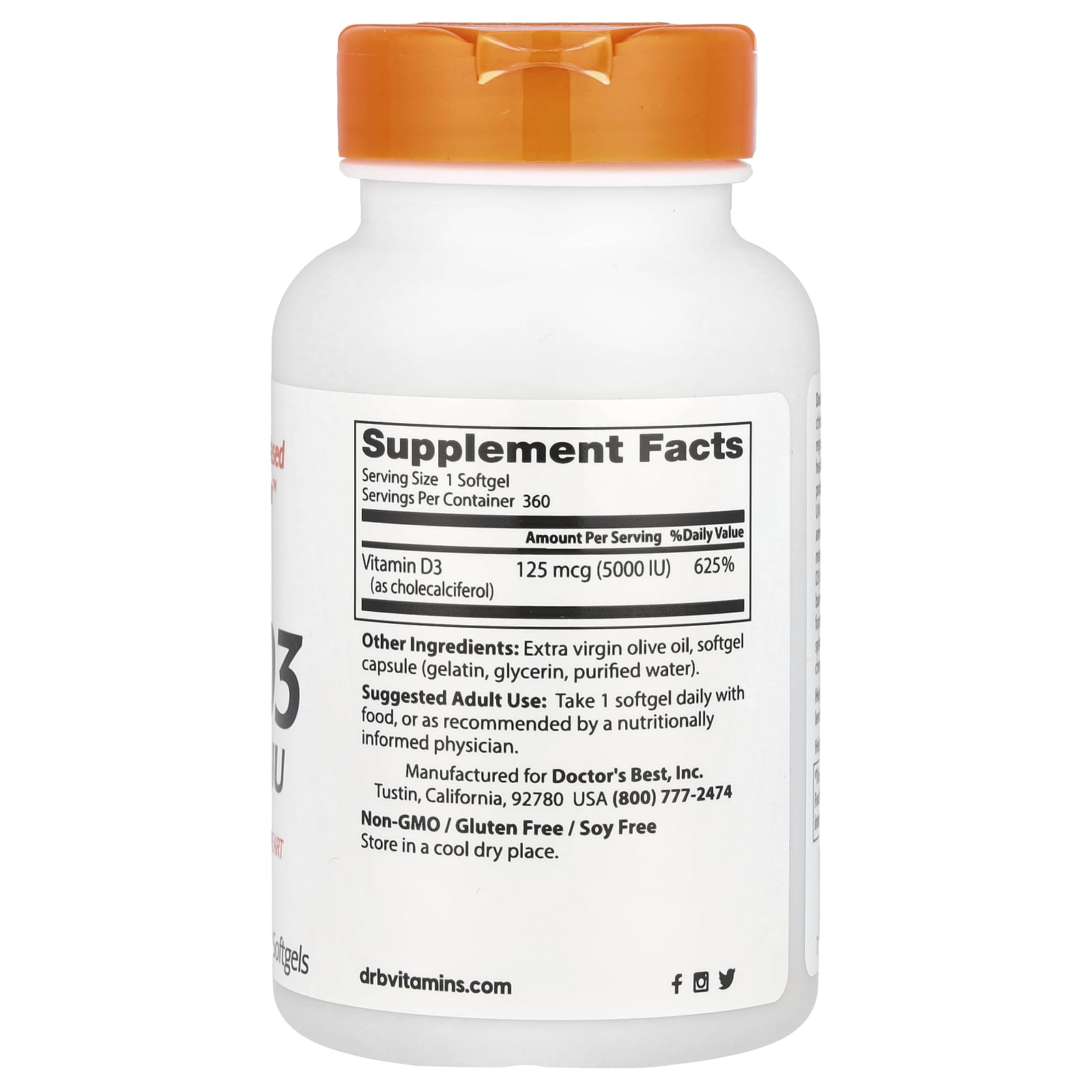 Doctor's Best Vitamin D3 5000 IU 360 Softgels Non-GMO Gluten Free - Image 2