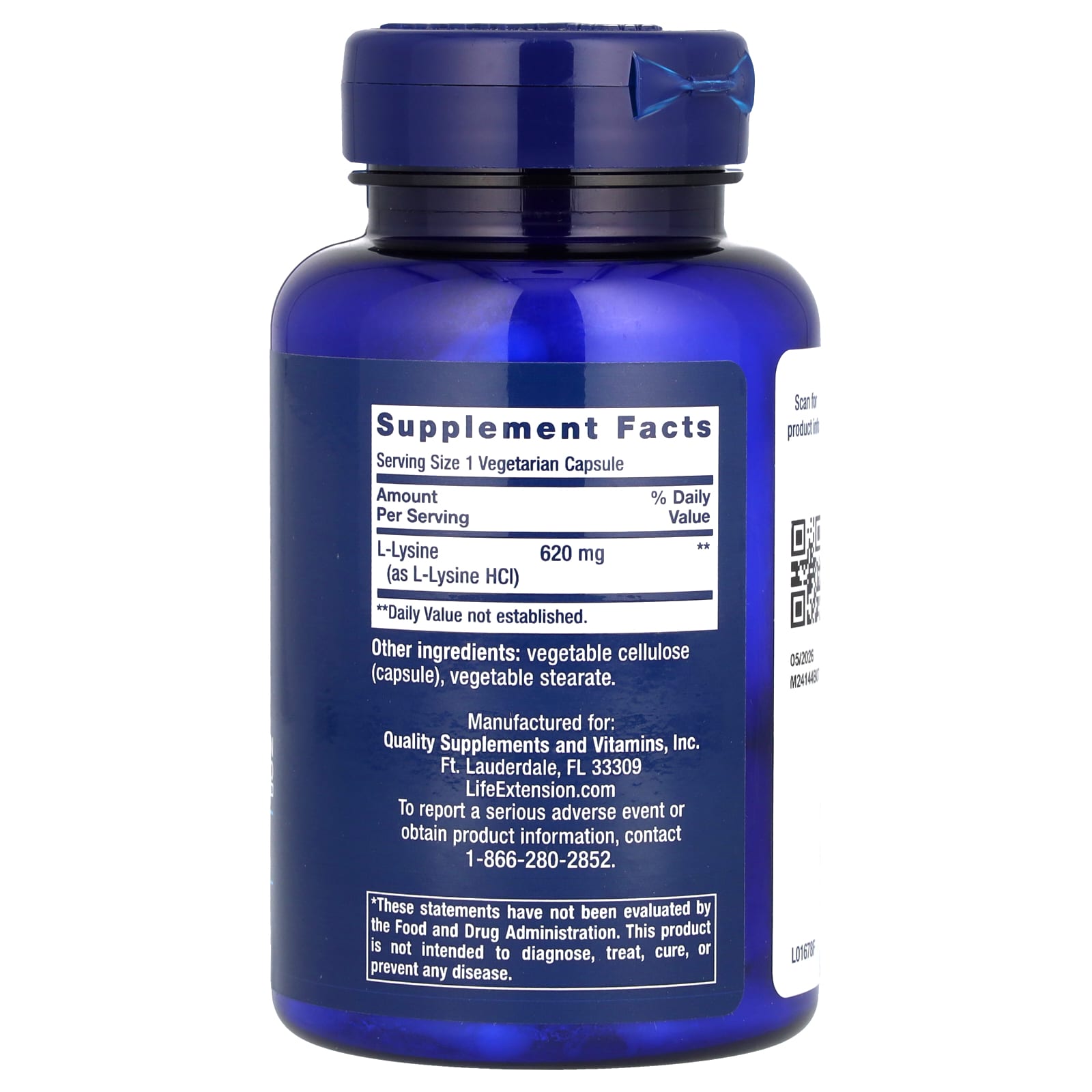 Life Extension, L-Lysine, 620 mg, 100 Vegetarian Capsules - Image 2