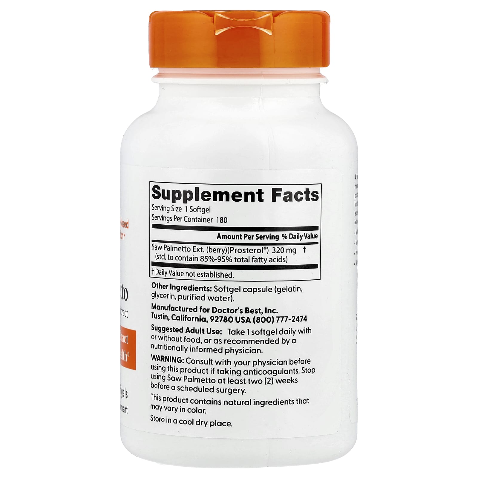 Doctor's Best, Saw Palmetto, Standardized Extract, 320 mg, 180 Softgels