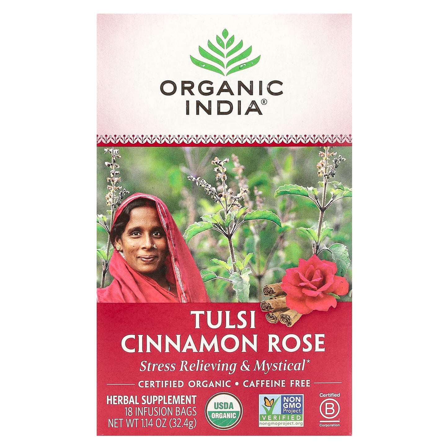Organic India, Tulsi Tea, Cinnamon Rose, Caffeine-Free, 18 Infusion Bags, 1.14 oz (32.4 g) - Image 1